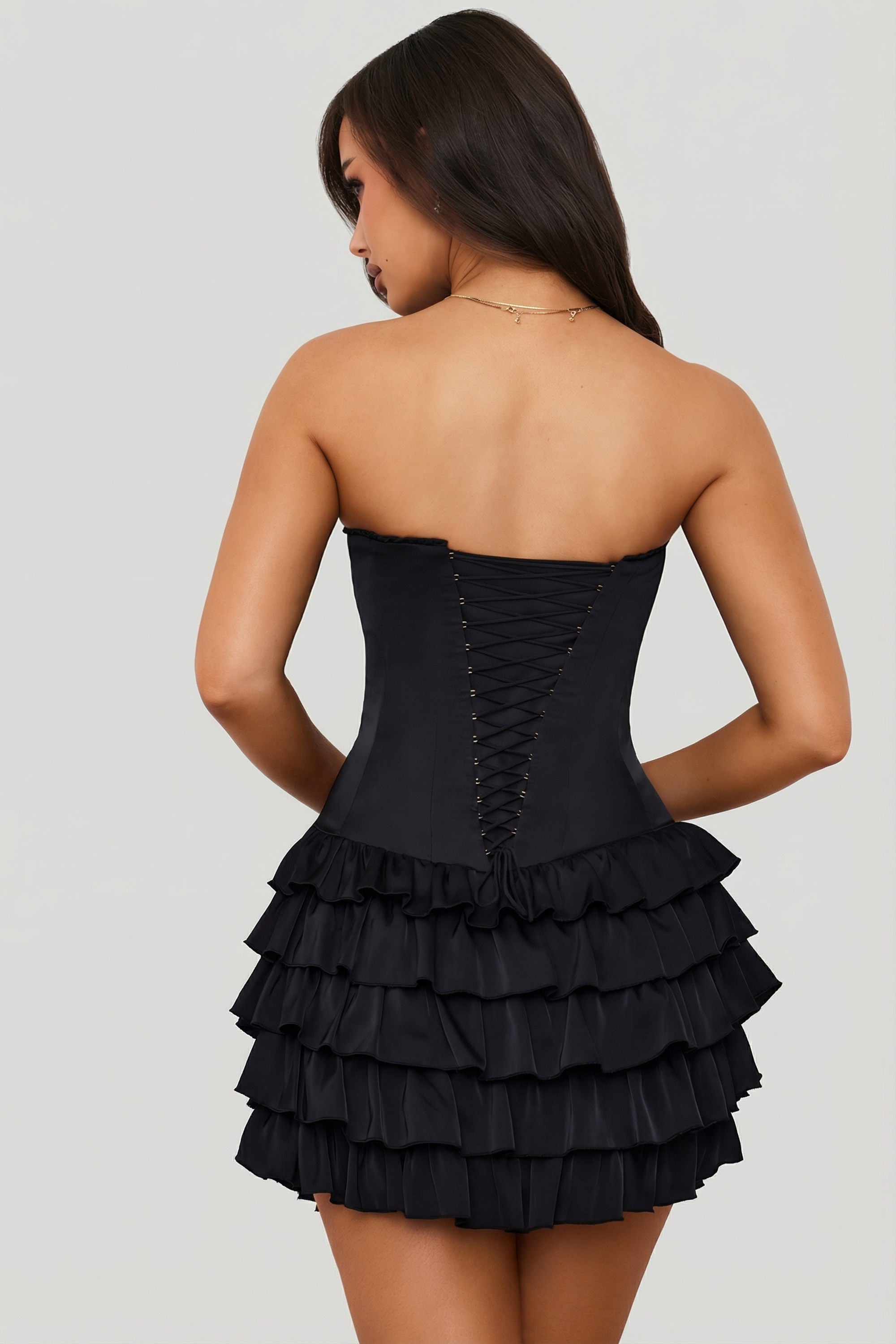 Juliet Bandeau Ruffled Tiered Corset Mini Dress in Black | Oh Polly