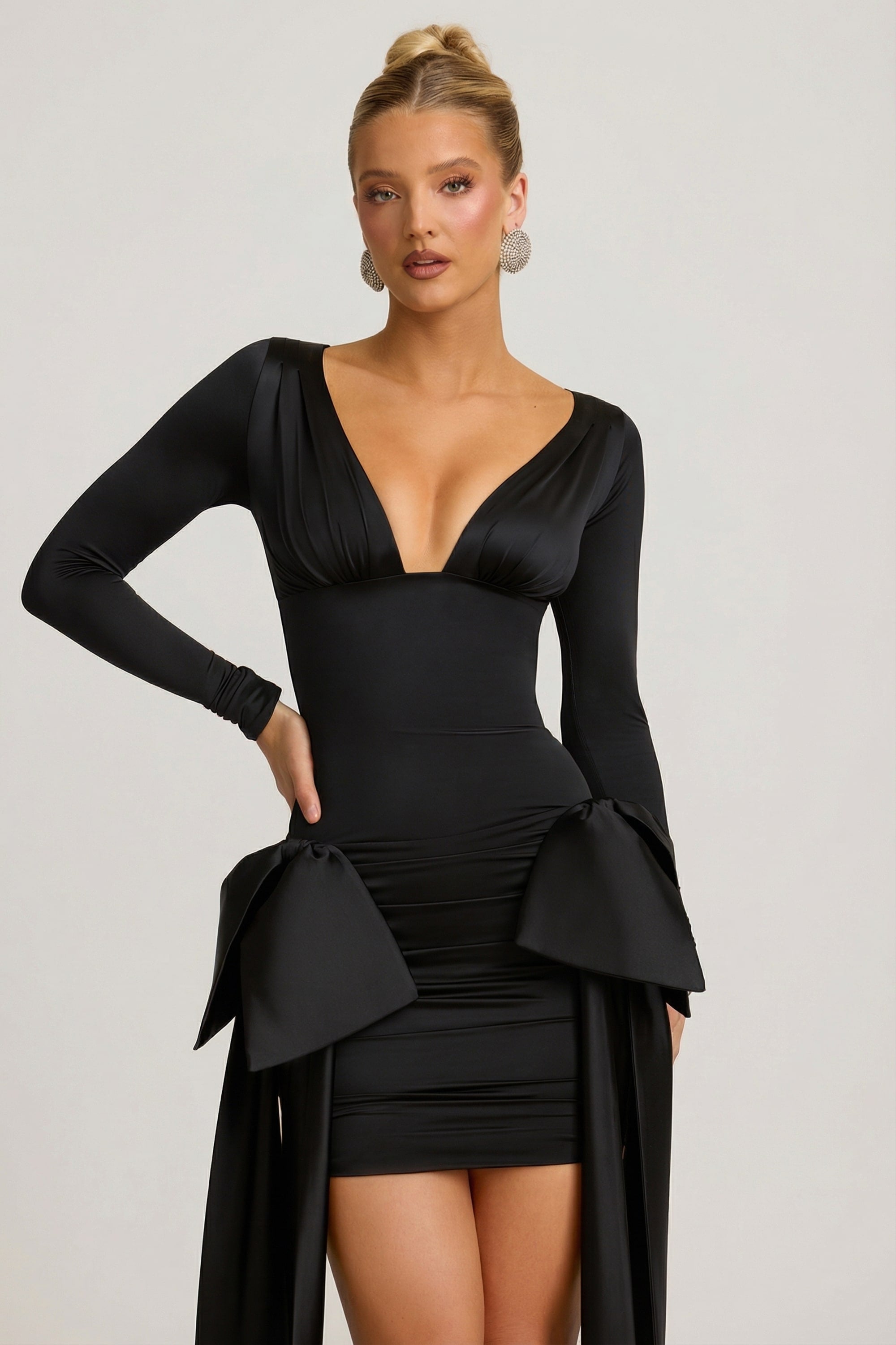 Bow-Detail Ruched Mini Dress in Black - 2 | Oh Polly Bow-Detail Ruched Mini Dress in Black - 2 | Oh Polly