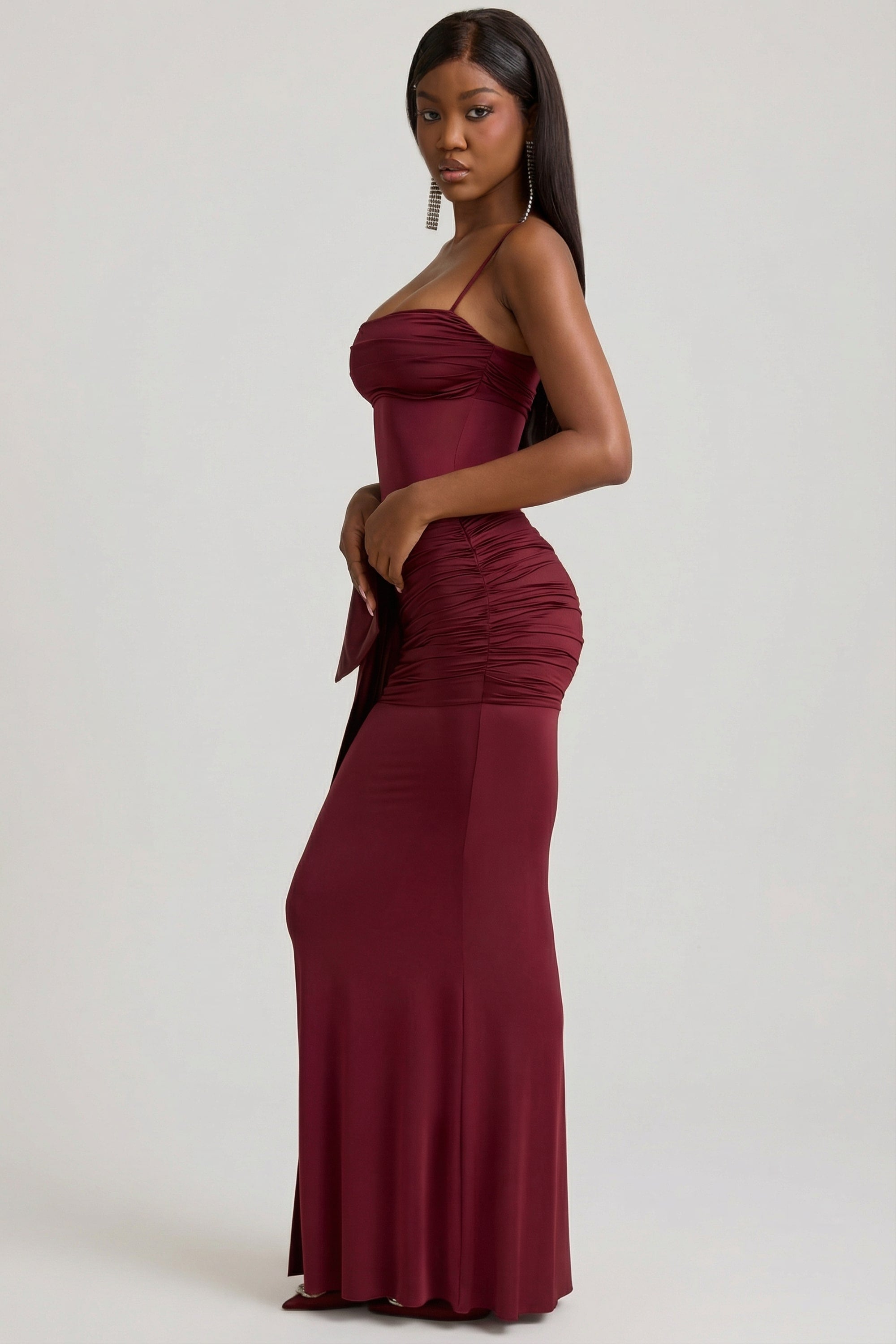 Laurelina Bow-Detail Ruched Maxi Dress in Wine Red