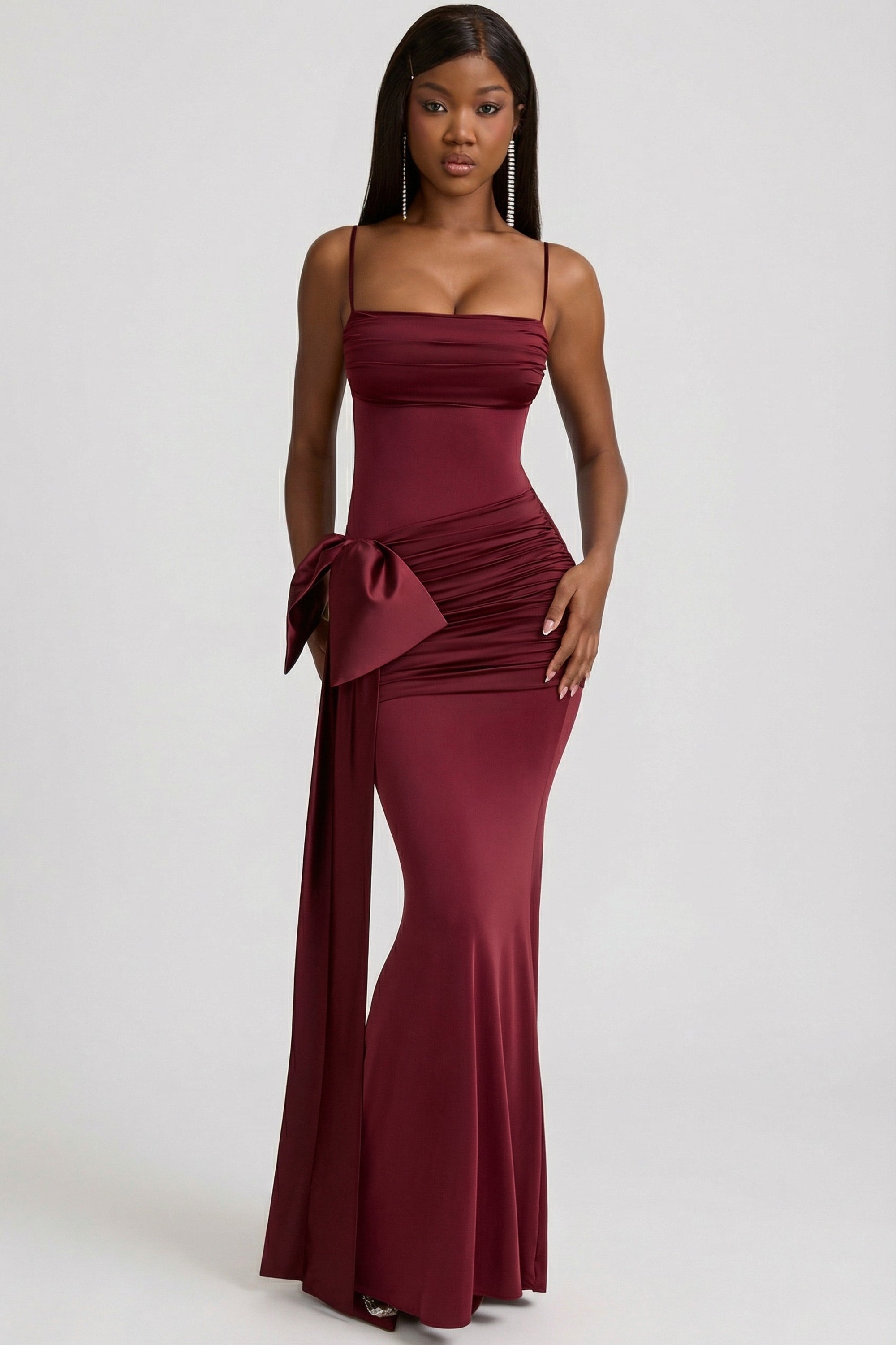 Laurelina Bow-Detail Ruched Maxi Dress in Wine Red | Oh Polly Laurelina Bow-Detail Ruched Maxi Dress in Wine Red | Oh Polly
