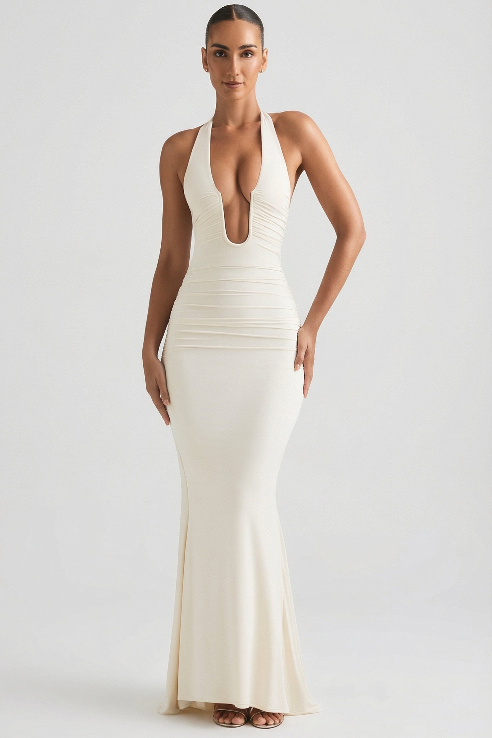 Laverna Ruched Backless Halterneck Gown in Ivory