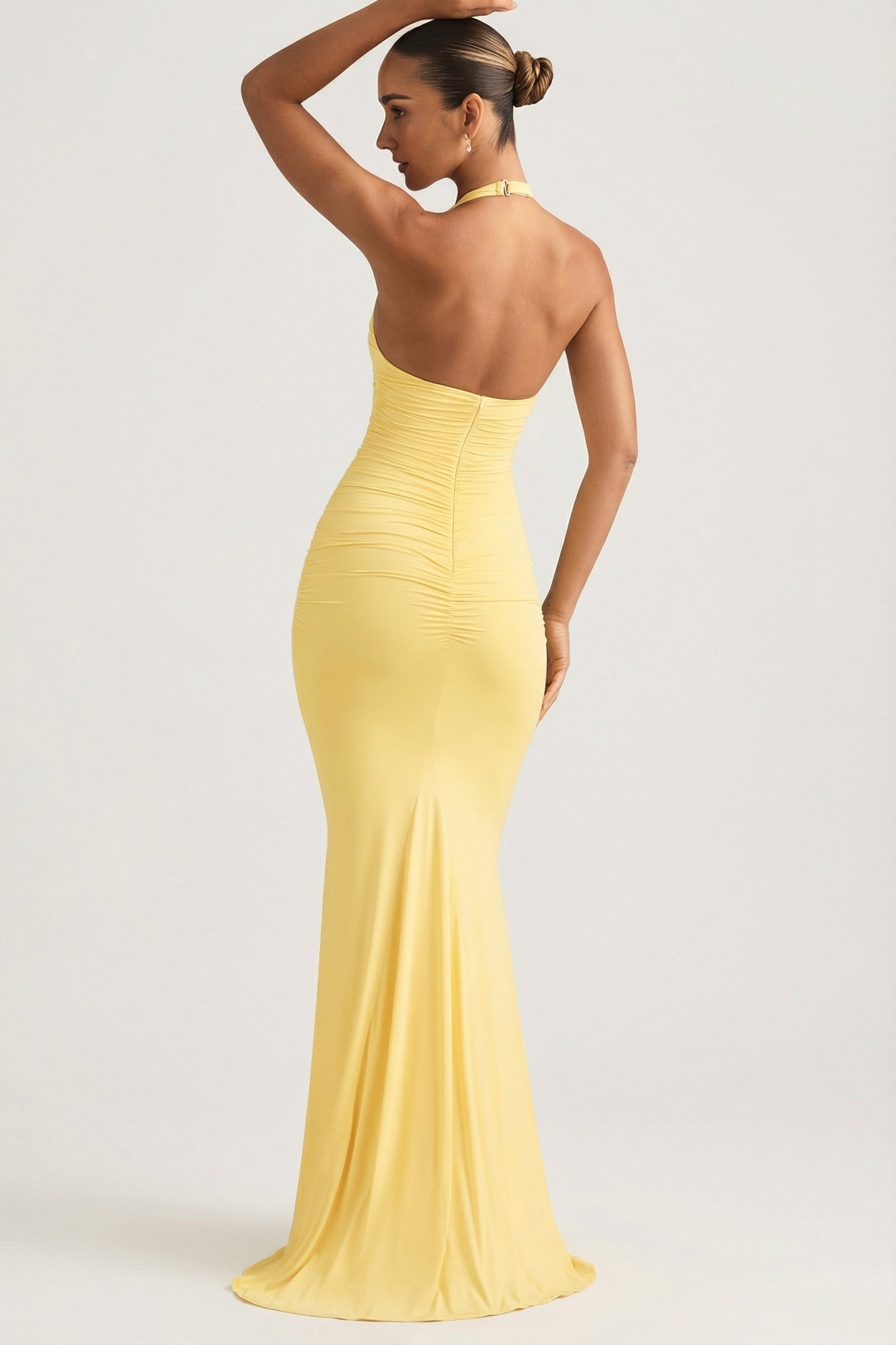 Ruched Backless Halterneck Gown in Pastel Yellow - 2 | Oh Polly Ruched Backless Halterneck Gown in Pastel Yellow - 2 | Oh Polly