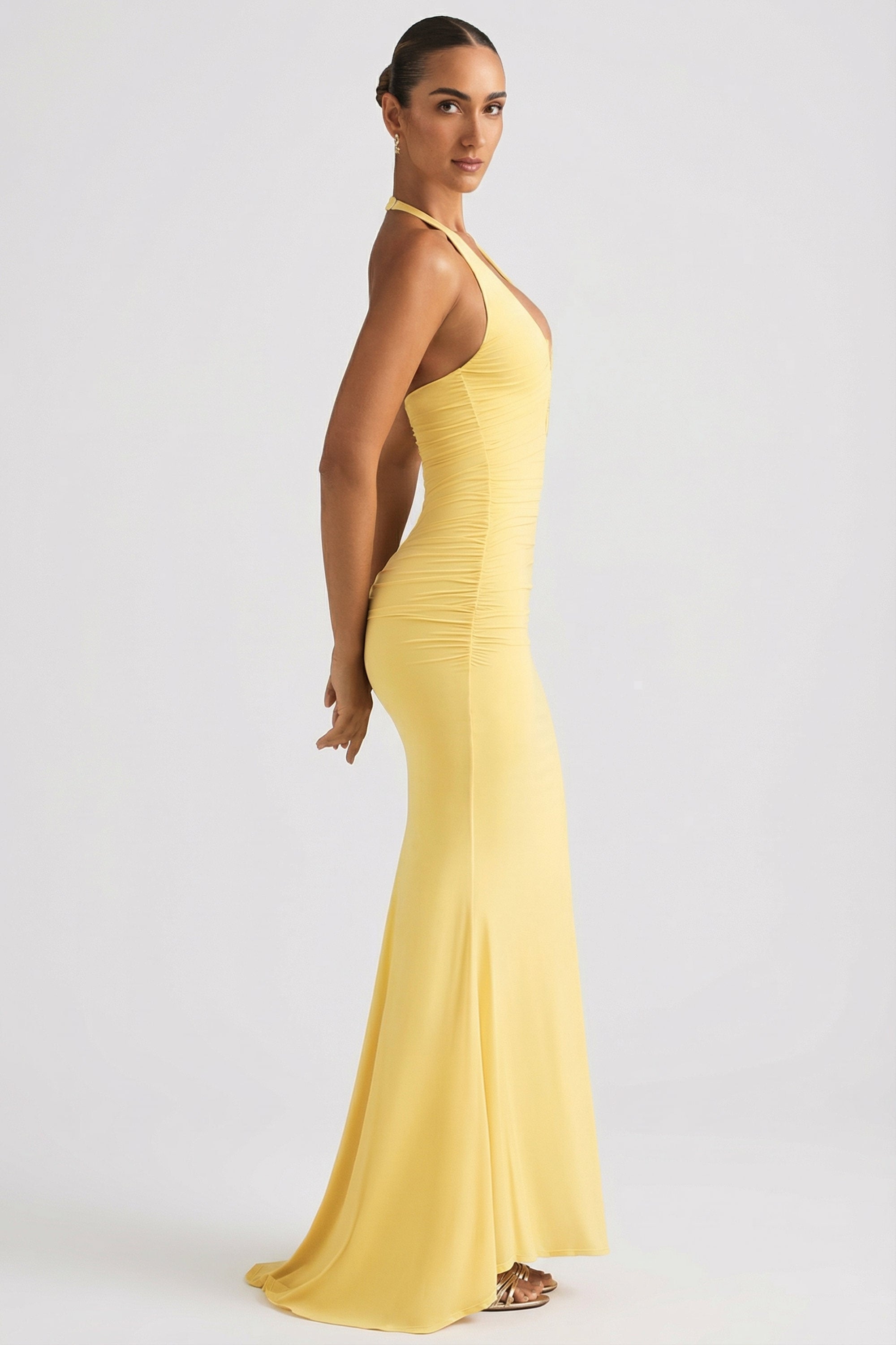 Ruched Backless Halterneck Gown in Pastel Yellow - 2