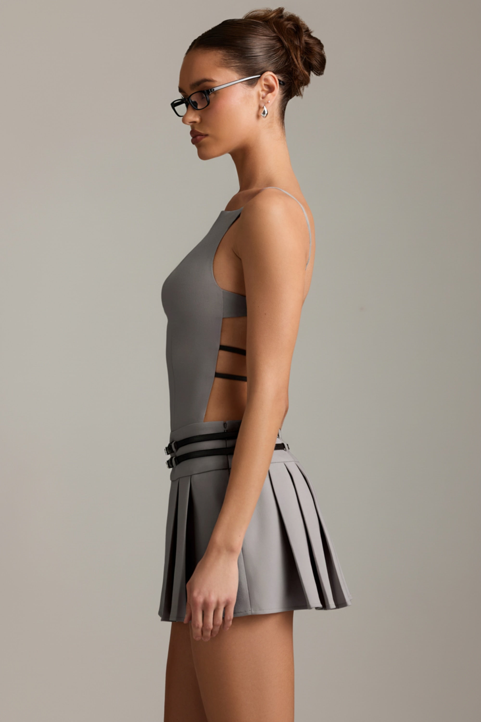 Leilani Belted Backless Pleated Mini Dress in Grey | Oh Polly