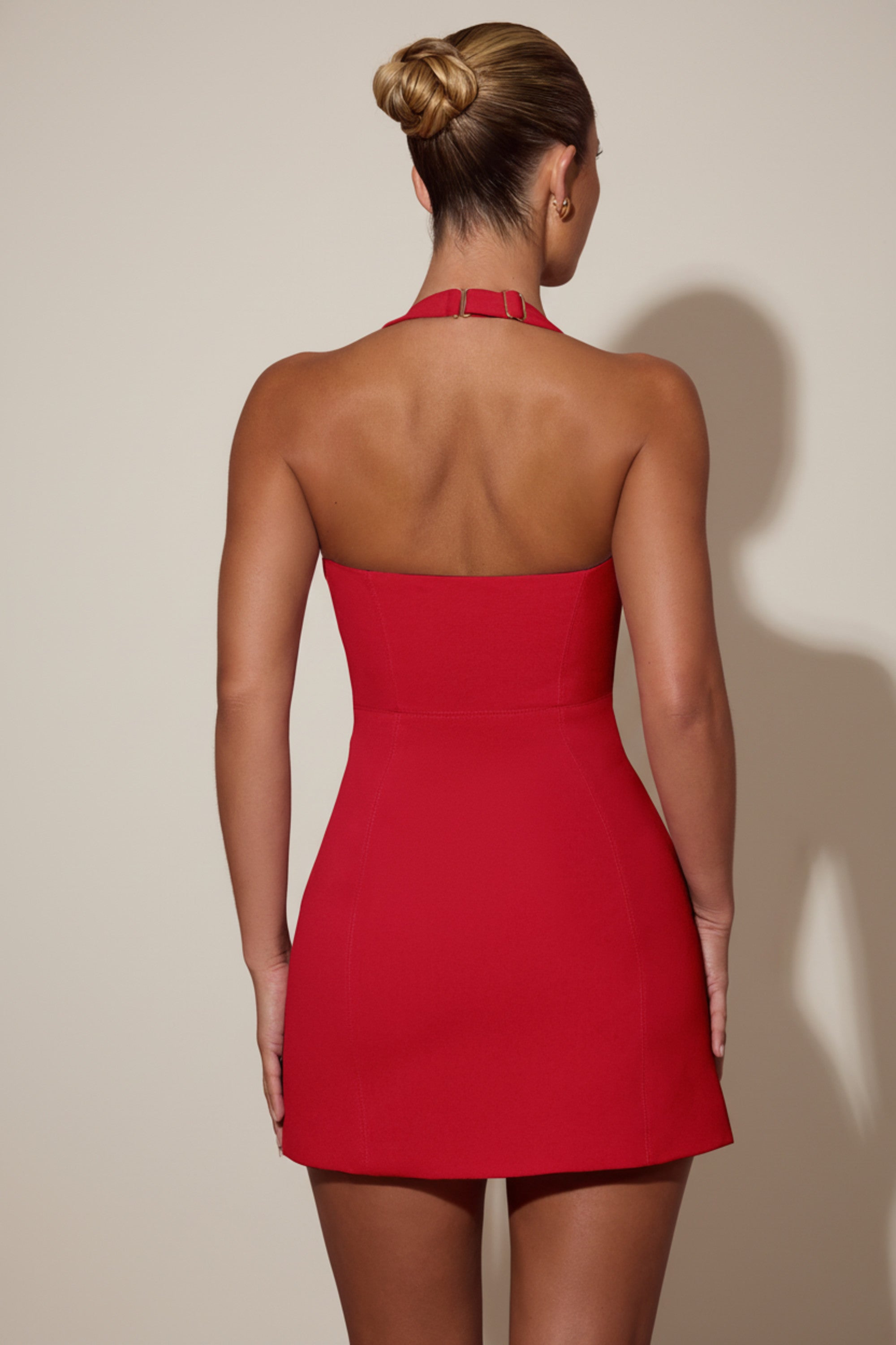 Heart-Detail Halterneck A-Line Mini Dress in Red Heart-Detail Halterneck A-Line Mini Dress in Red