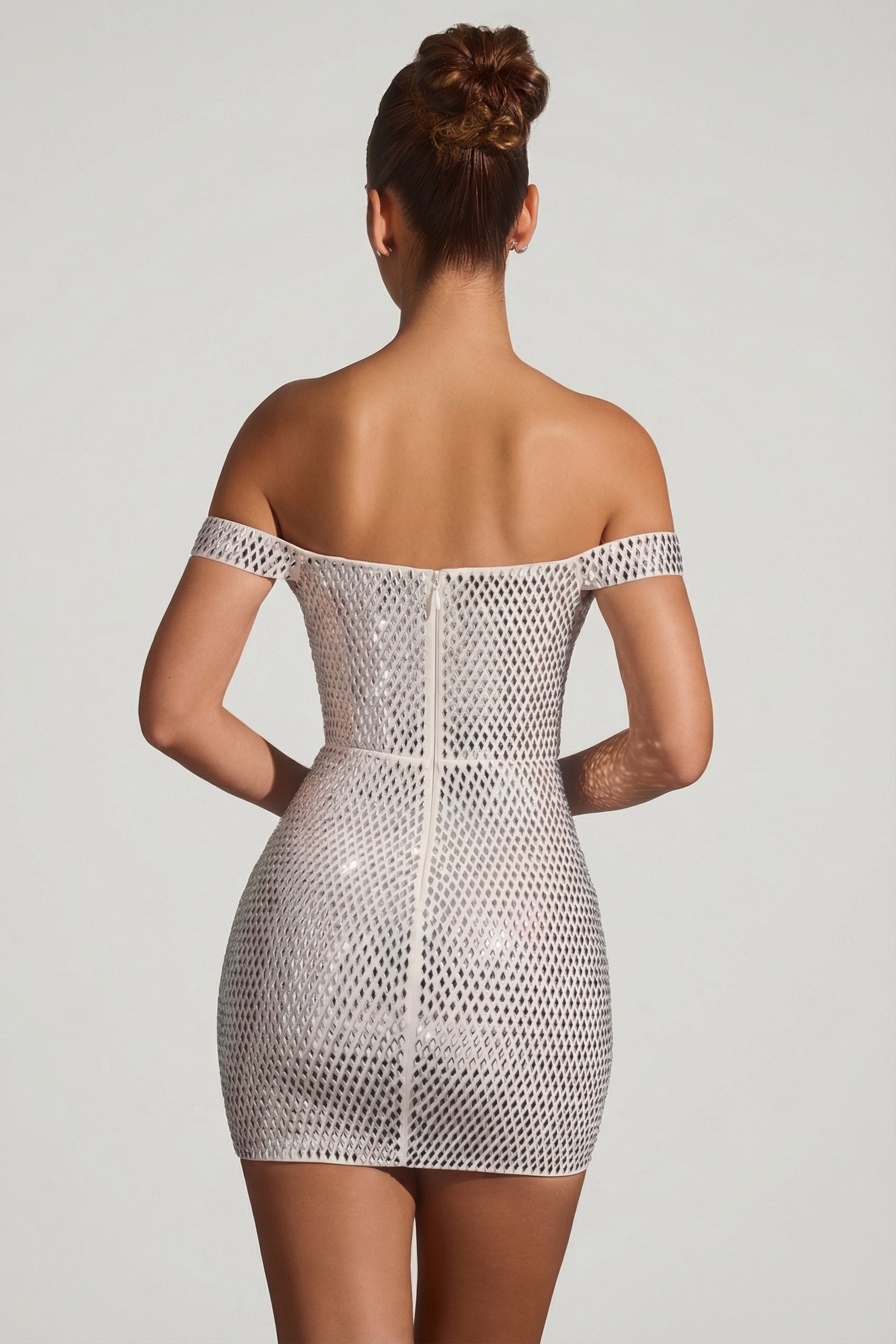 Embellished Off-Shoulder Mini Dress in White - 10