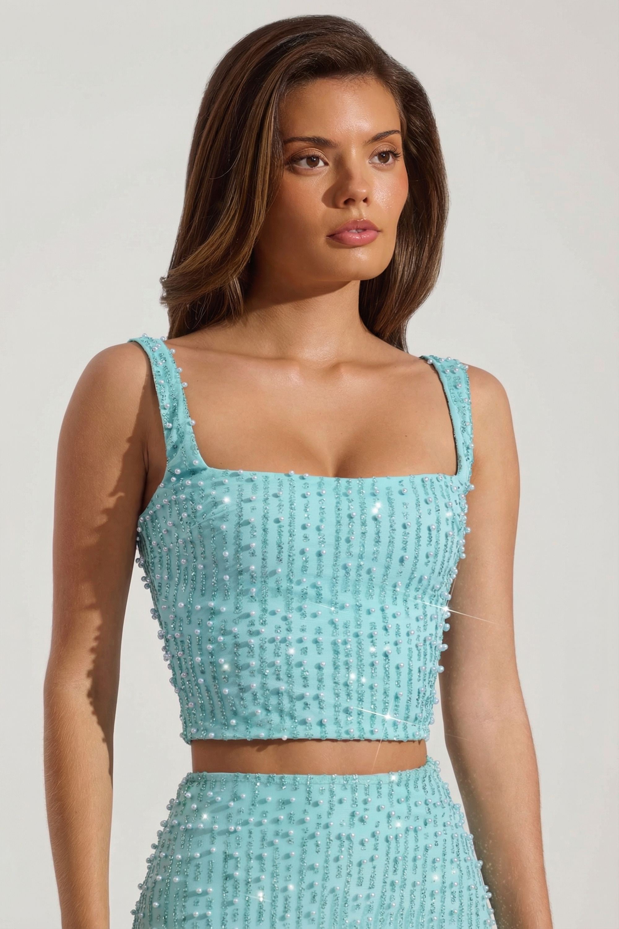 Lirael Embellished Square-Neck Crop Top in Aqua Blue | Oh Polly