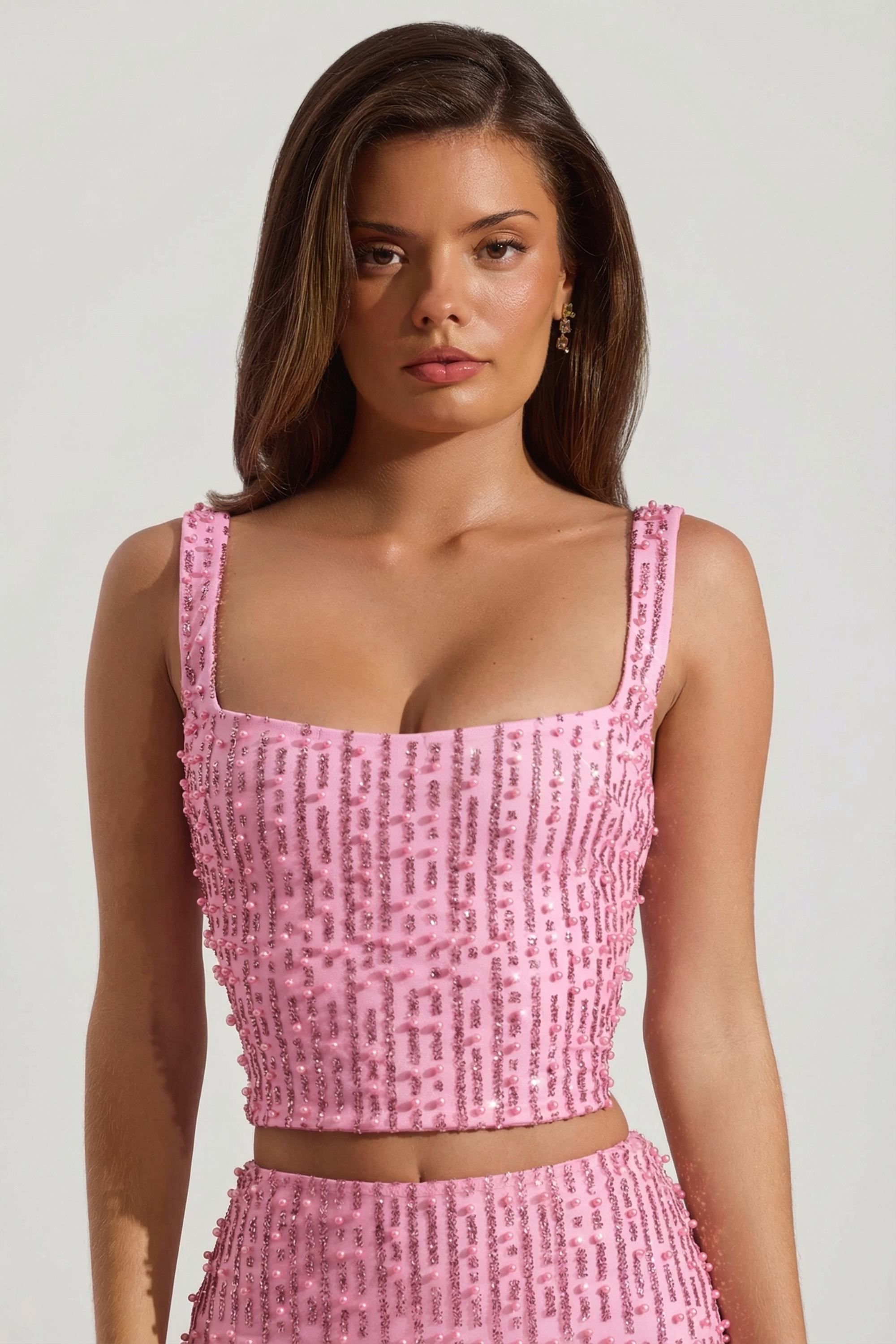 Lirael Embellished Square-Neck Crop Top in Pink | Oh Polly