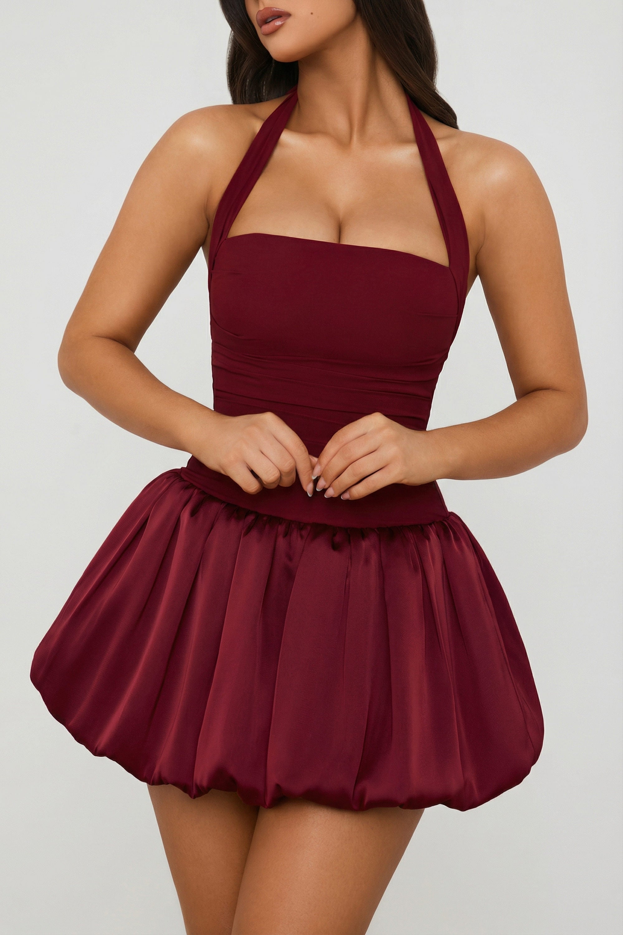 chinese dress ladies Ludmila Halterneck Lace-Up Bubble Hem Corset Micro Mini Dress in Berry Red