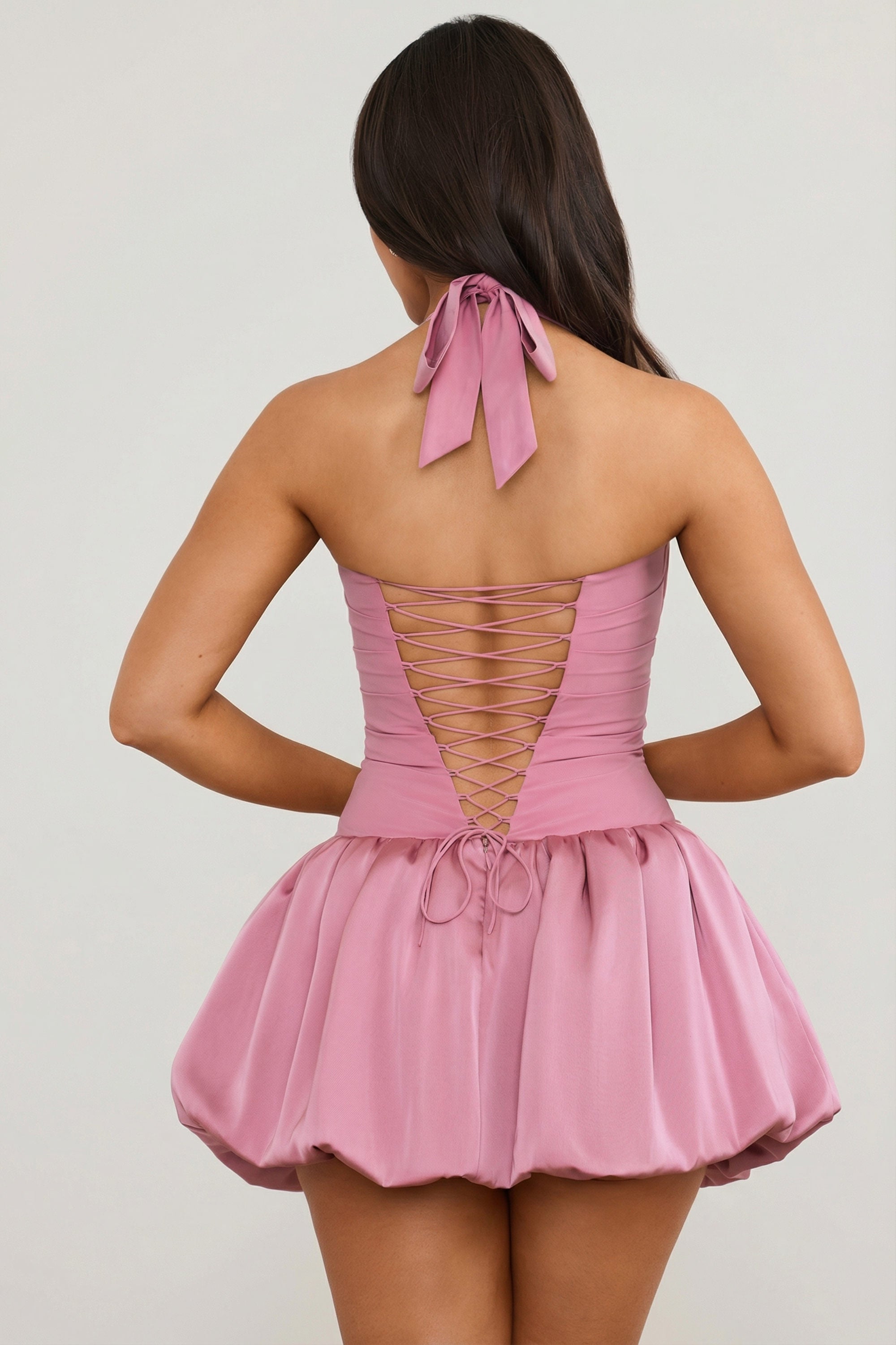 Ludmila Halterneck Lace-Up Bubble Hem Corset Micro Mini Dress in