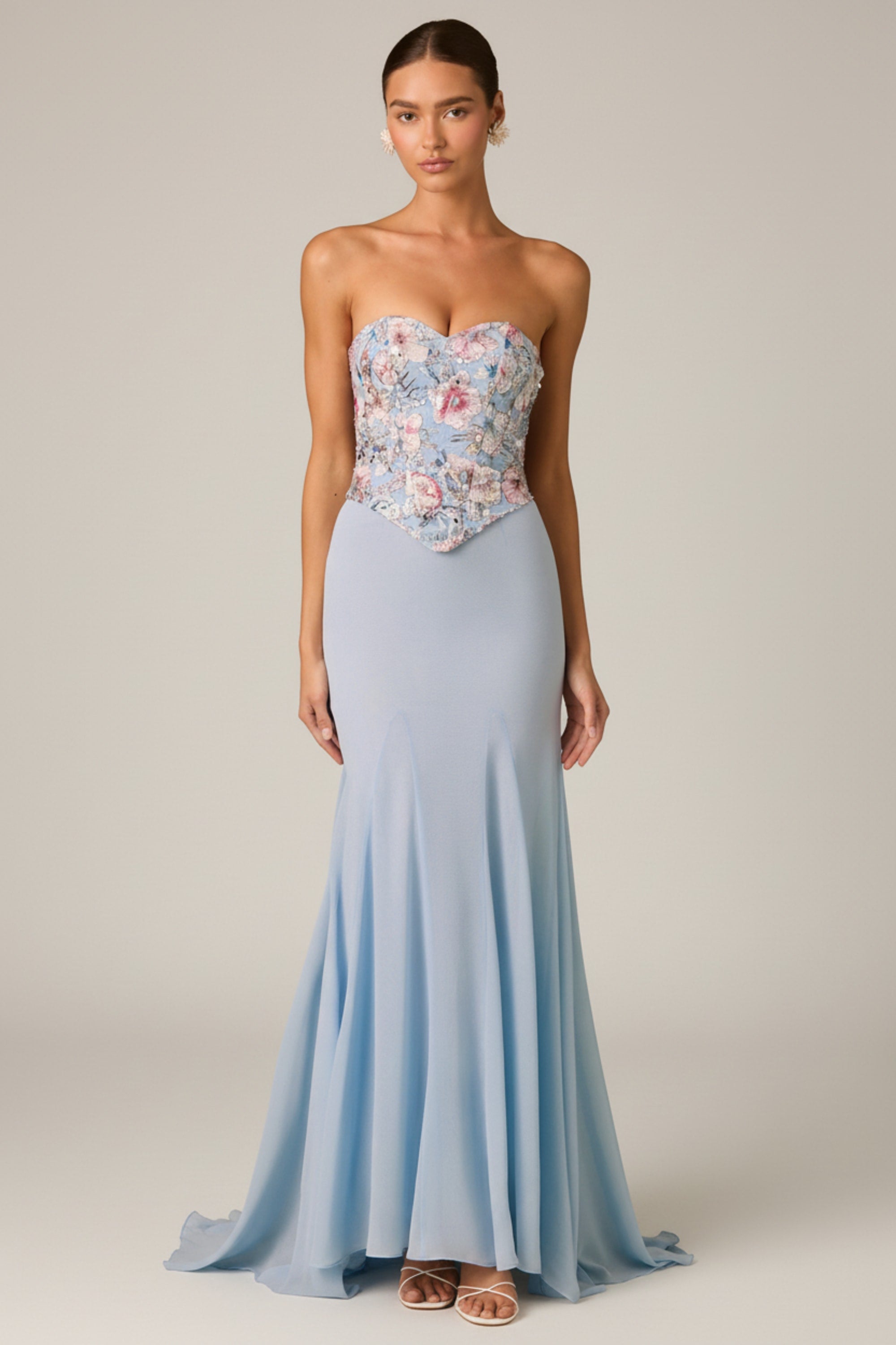 Lysana Embellished Corset Fishtail Gown in Floral Blue