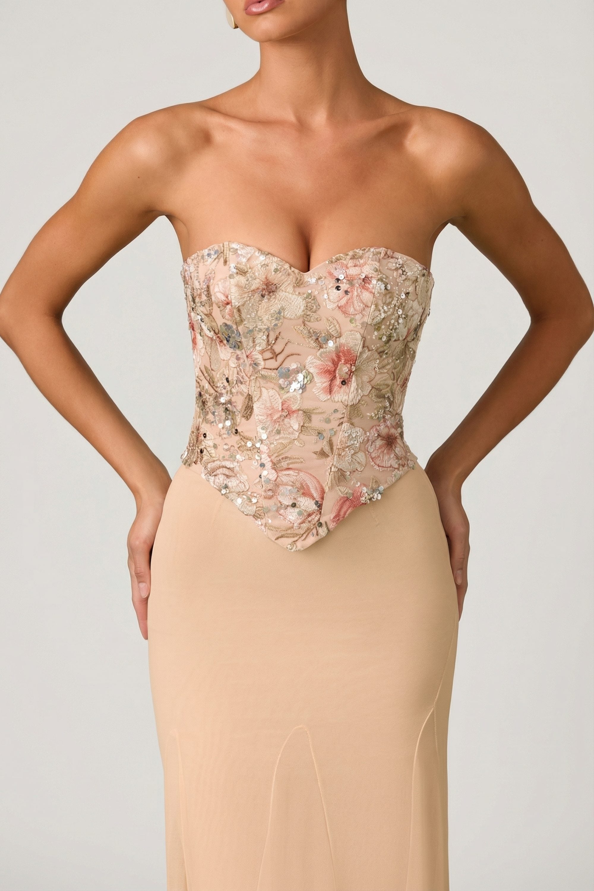corset fishtail dress Embellished Corset Fishtail Gown in Floral Beige - 4