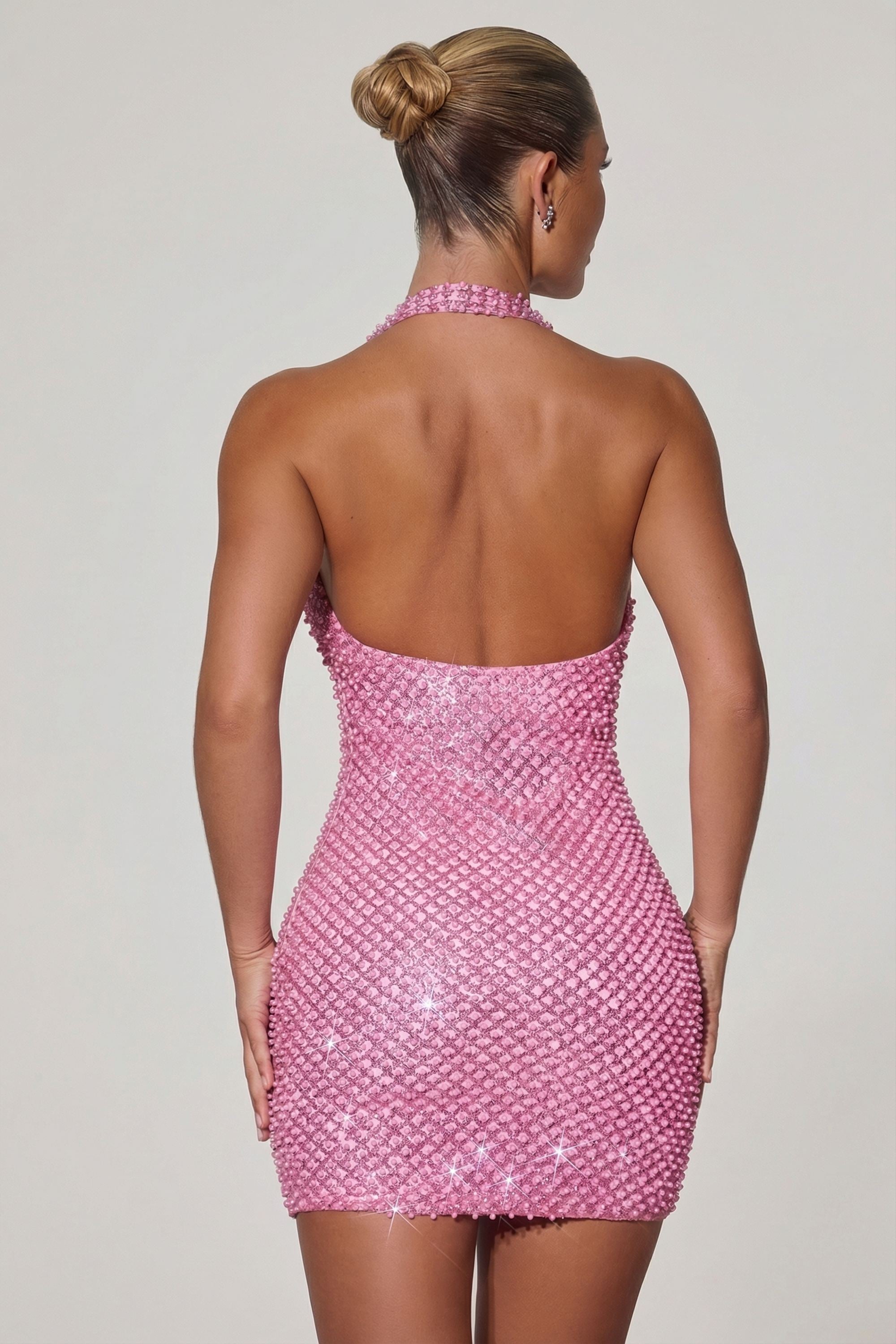 CATCHALL ペールピンク パーティードレス ASHLEYlauren 4677 Crystal Beaded Halter A Line Cocktail Dress