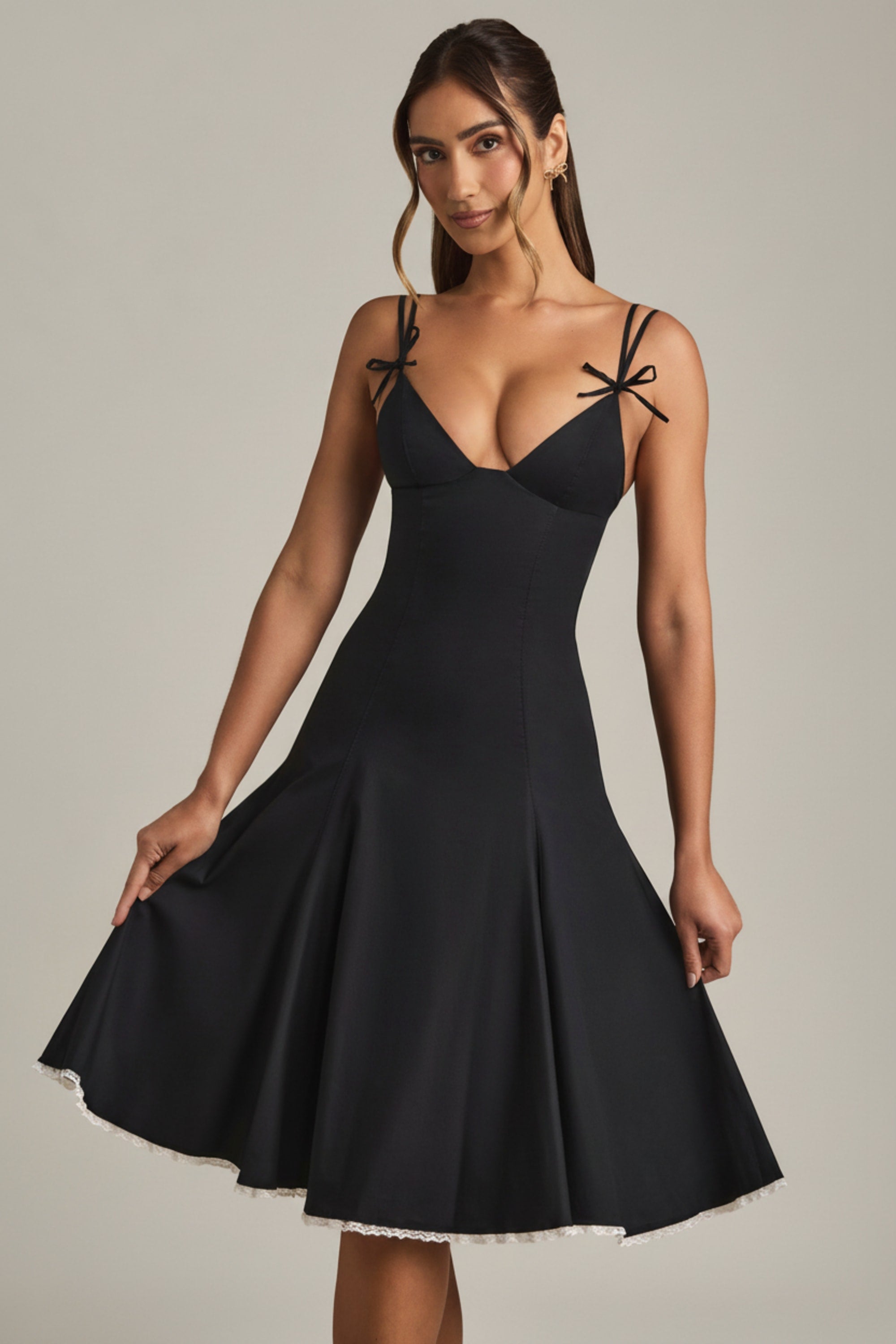Mallory Bow-Detail Lace-Trim A-Line Midi Dress in Black