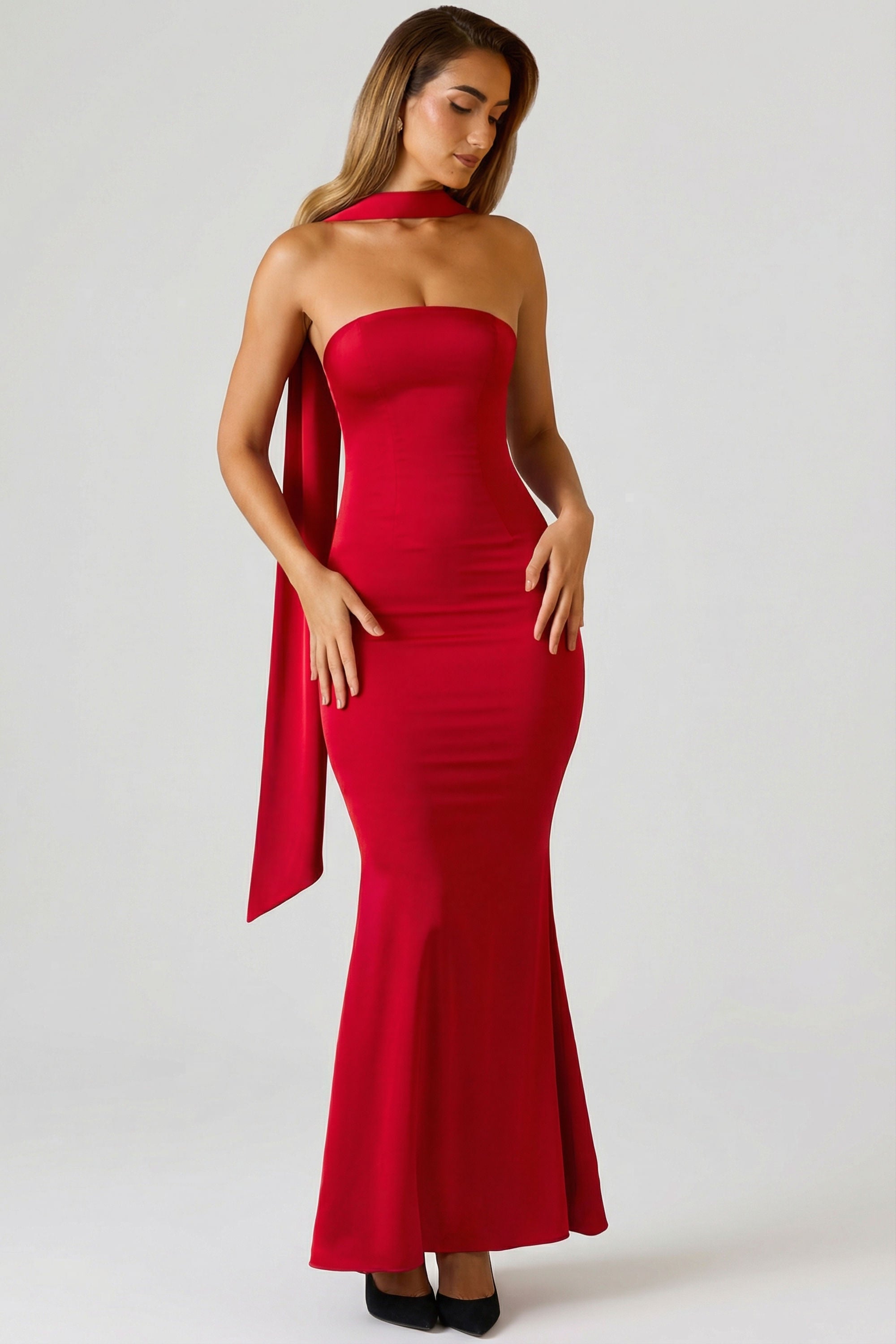 Mandi Scarf-Detail Strapless Gown in Scarlet Red | Oh Polly 10 Mandi Scarf-Detail Strapless Gown in Scarlet Red | Oh Polly 10