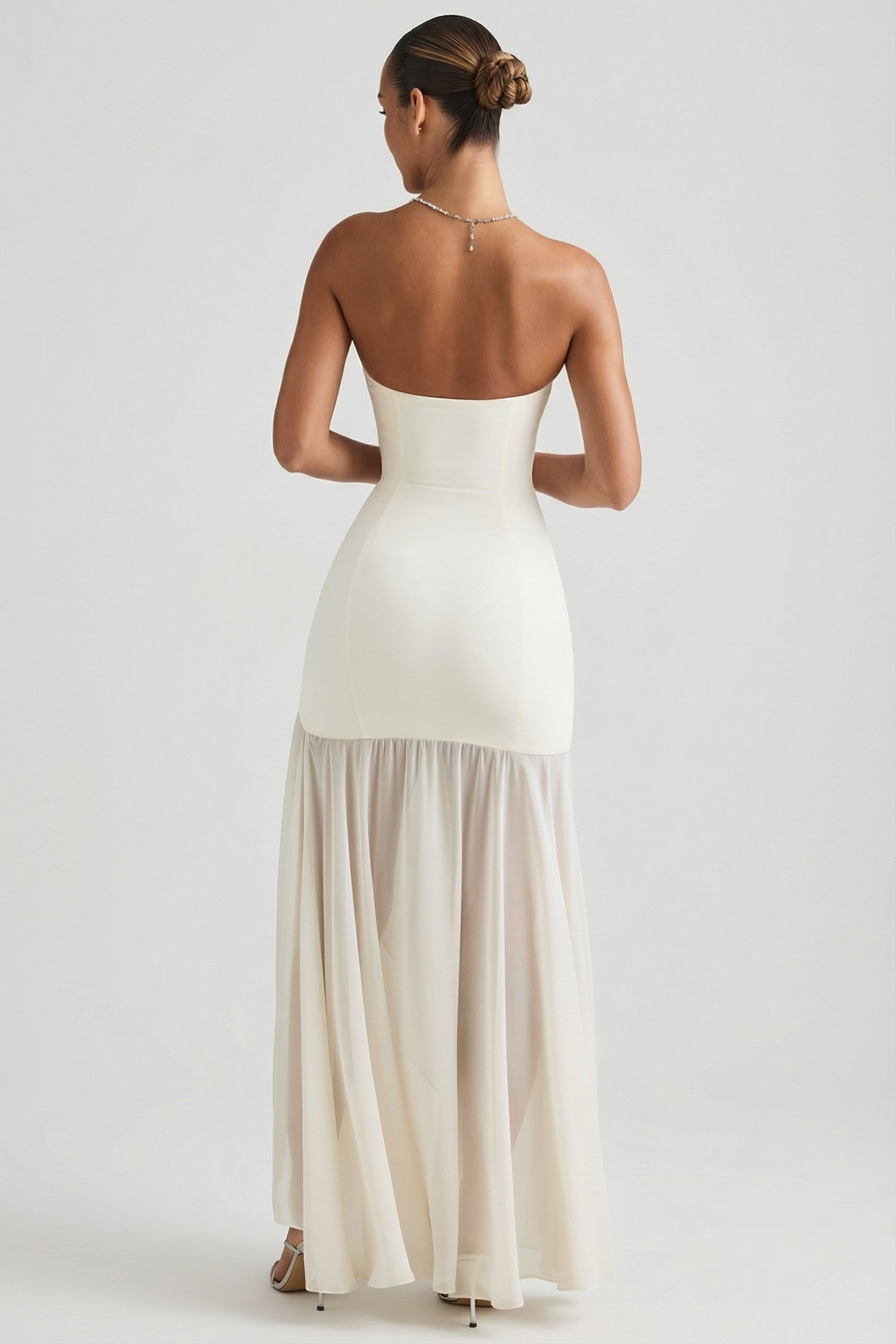 green emerald velvet dress Melina Asymmetric Strapless Fishtail Maxi Dress in Ivory