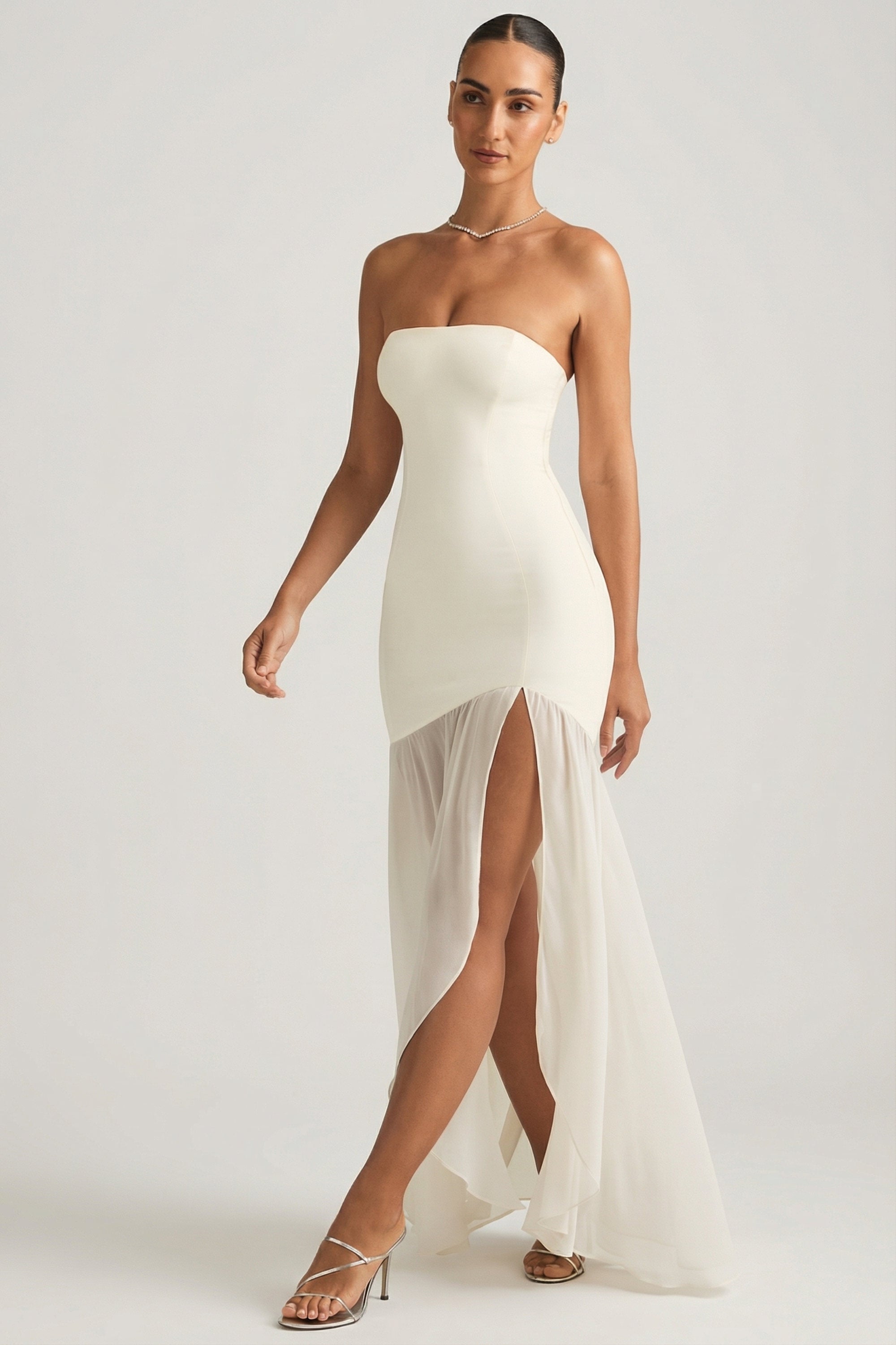 Melina Asymmetric Strapless Fishtail Maxi Dress in Ivory