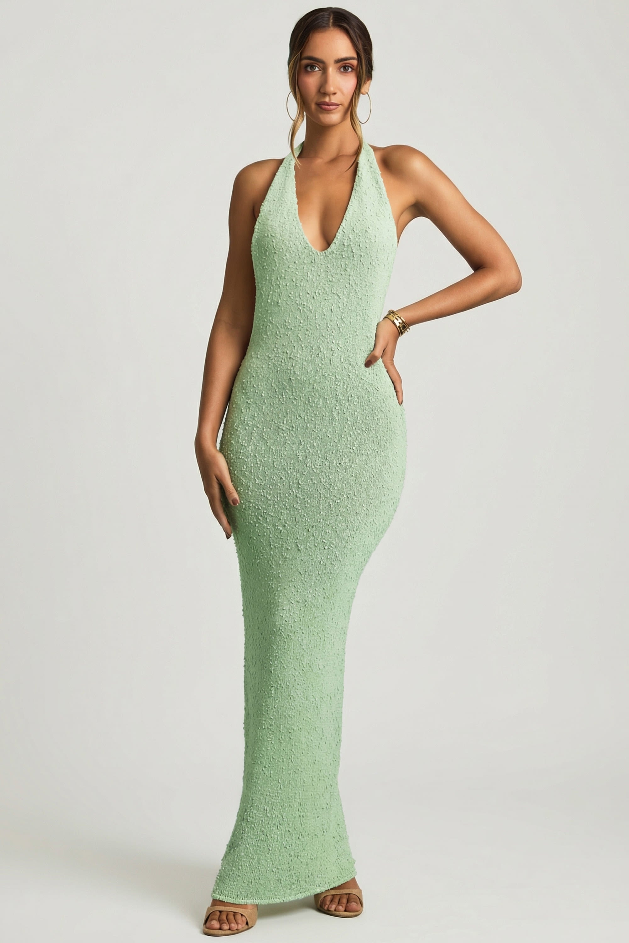 Mirri Boucl Halterneck Maxi Dress in Mint | Oh Polly L