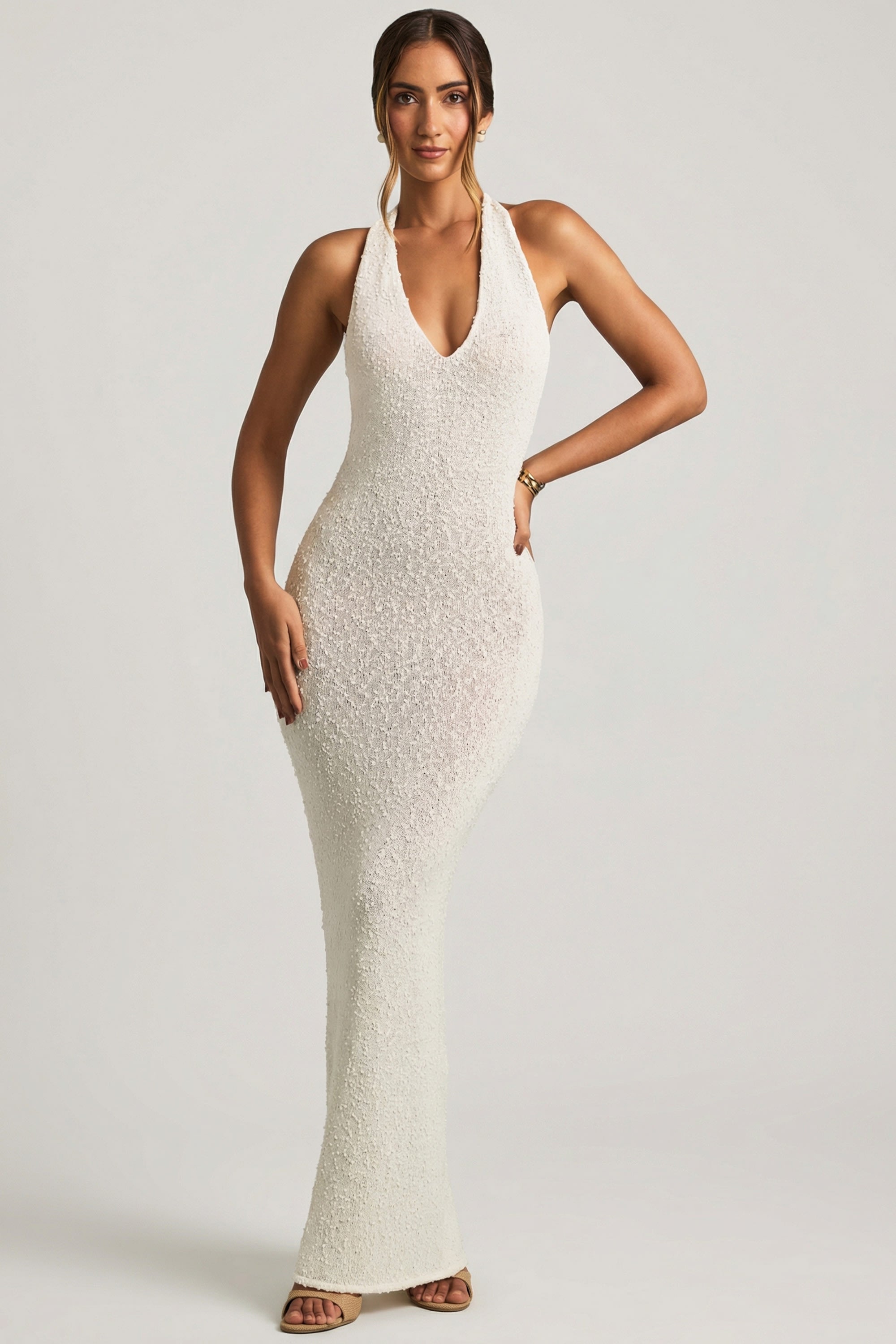 Mirri Bouclé Halterneck Maxi Dress in White
