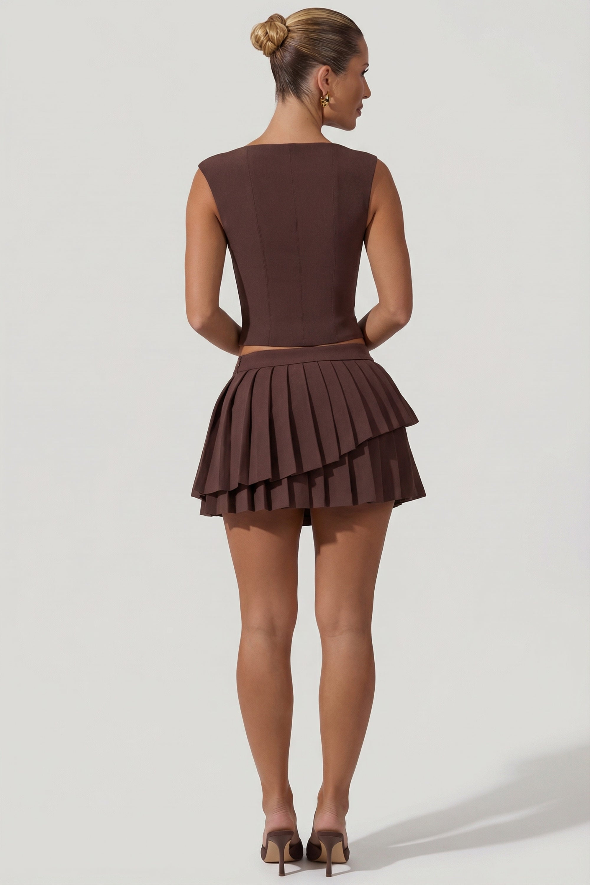 Nada Layered Pleated Low-Rise Mini Skirt in Chocolate Brown | Oh Polly