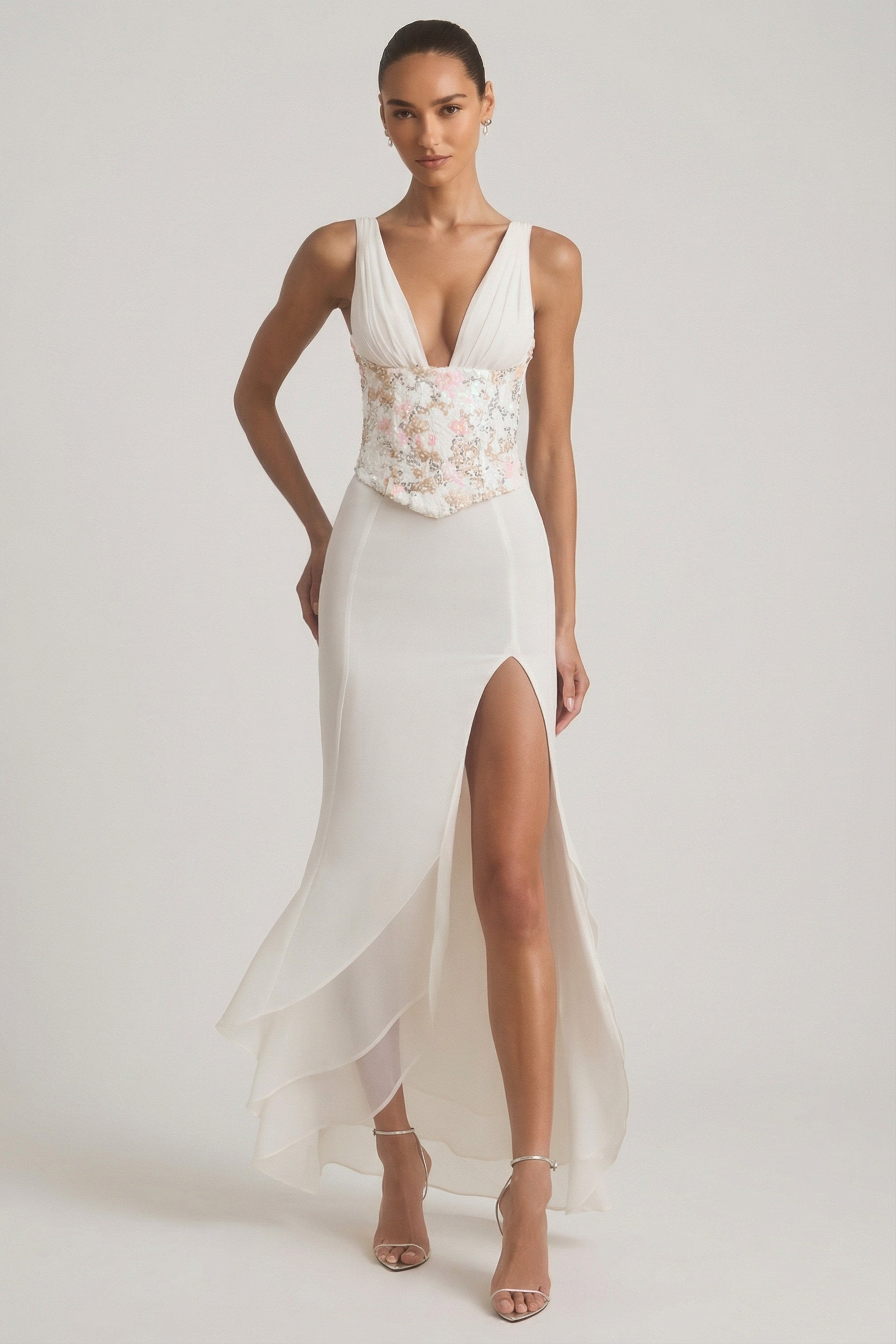 Embellished Plunge Ruffled Corset Maxi Dress in Ivory Embellished Plunge Ruffled Corset Maxi Dress in Ivory