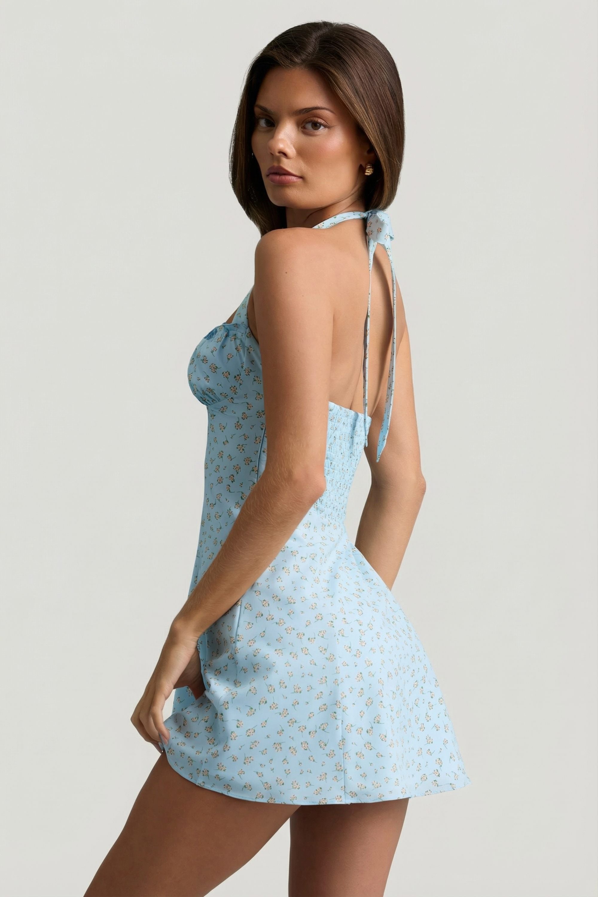 Nerine Ruched Halterneck A-Line Mini Dress in Blue Flower Print | Oh Polly Nerine Ruched Halterneck A-Line Mini Dress in Blue Flower Print | Oh Polly