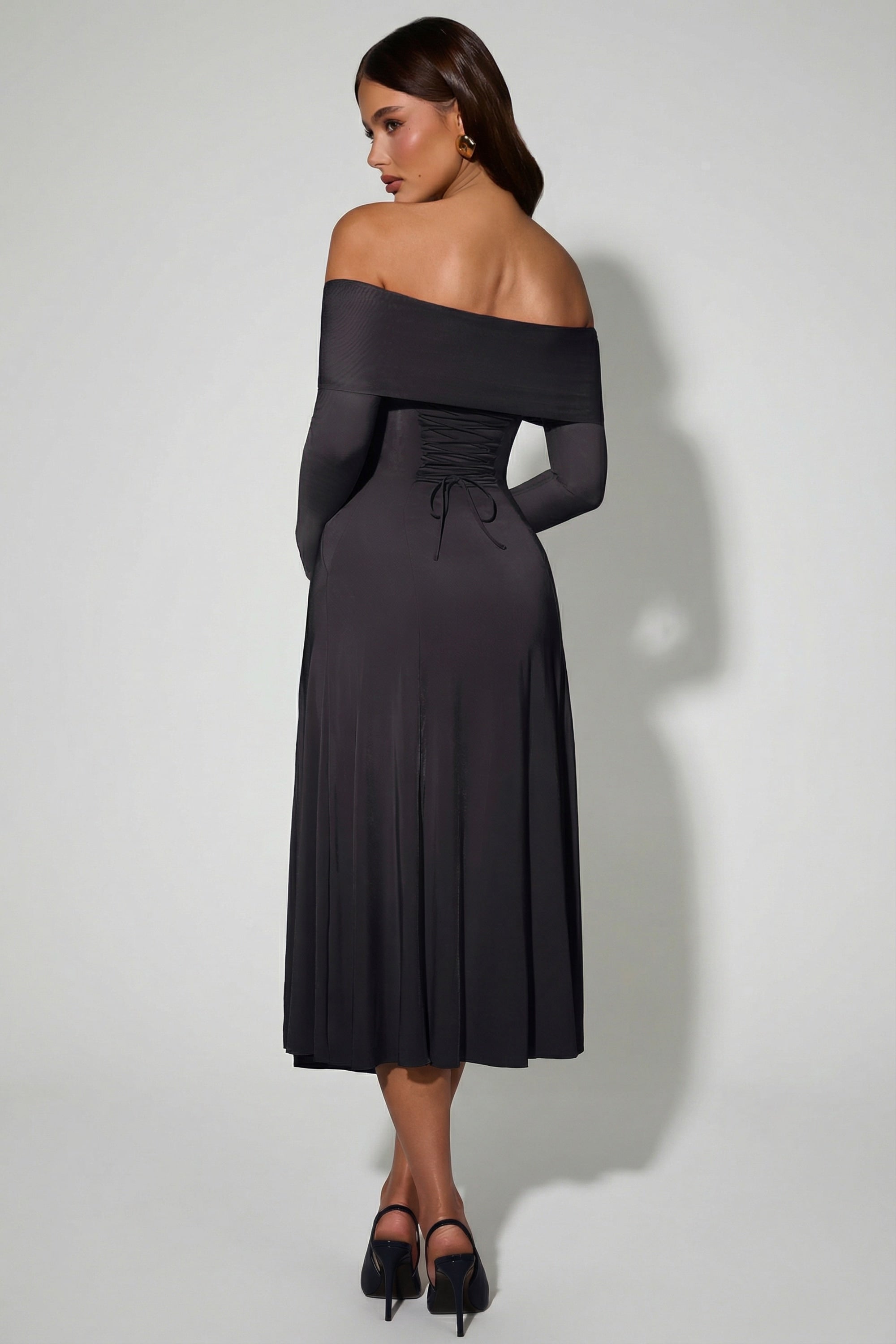 Nerissa Off-Shoulder Lace-Up A-Line Midaxi Dress in Black | Oh Polly Nerissa Off-Shoulder Lace-Up A-Line Midaxi Dress in Black | Oh Polly