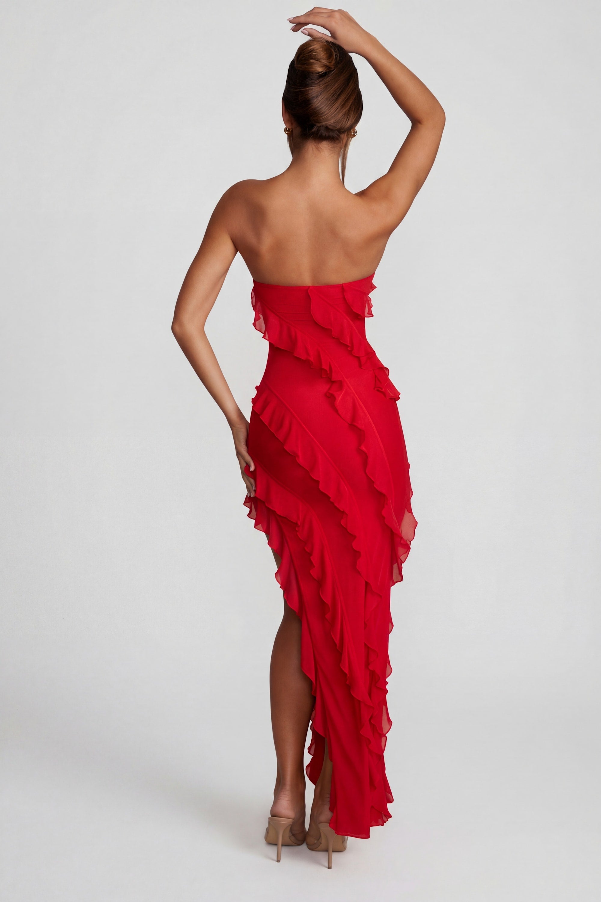 Nevali Bandeau Ruffle Detail Maxi Dress in Red | Oh Polly