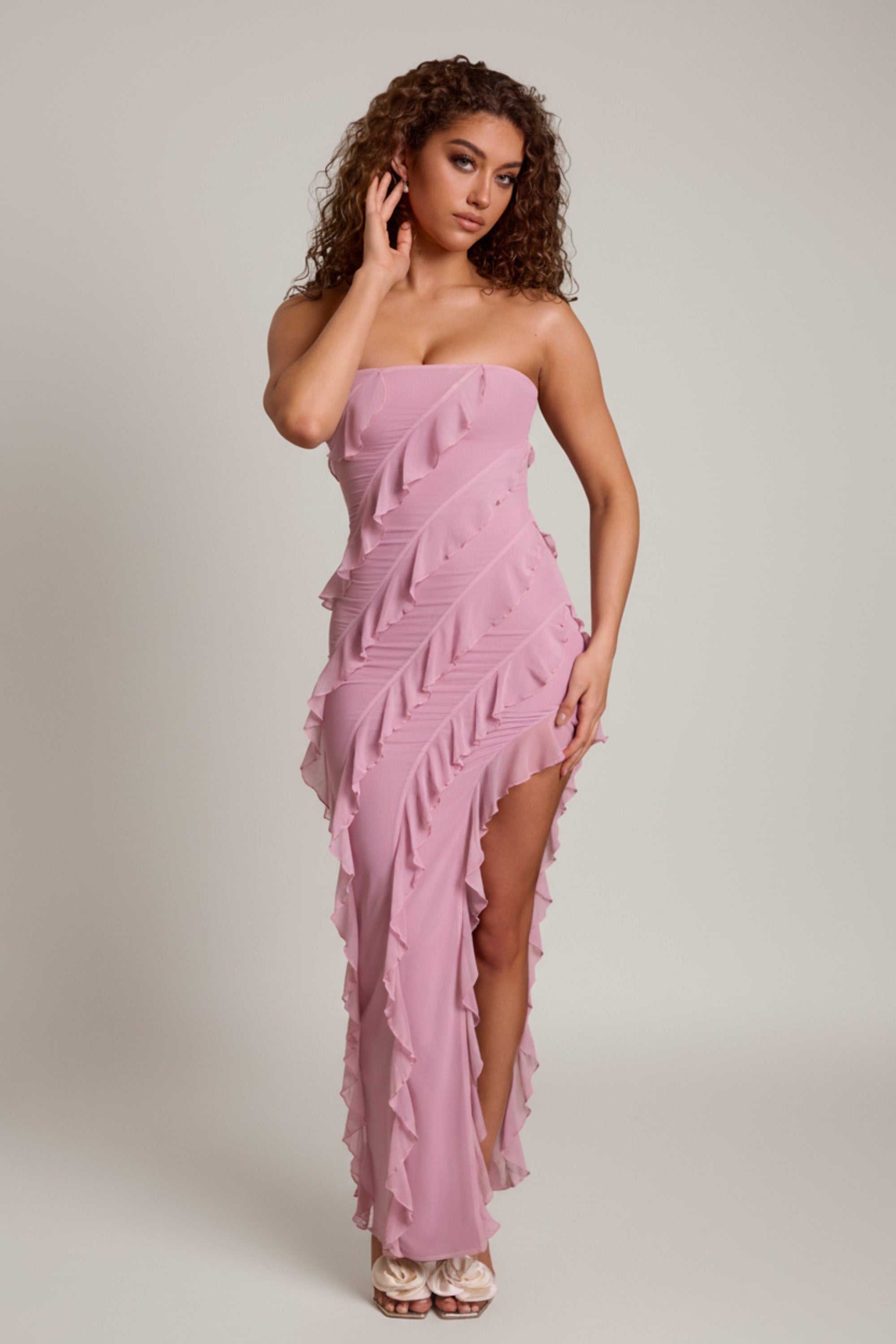 Nevali Bandeau Ruffle Detail Maxi Dress in Dusty Pink