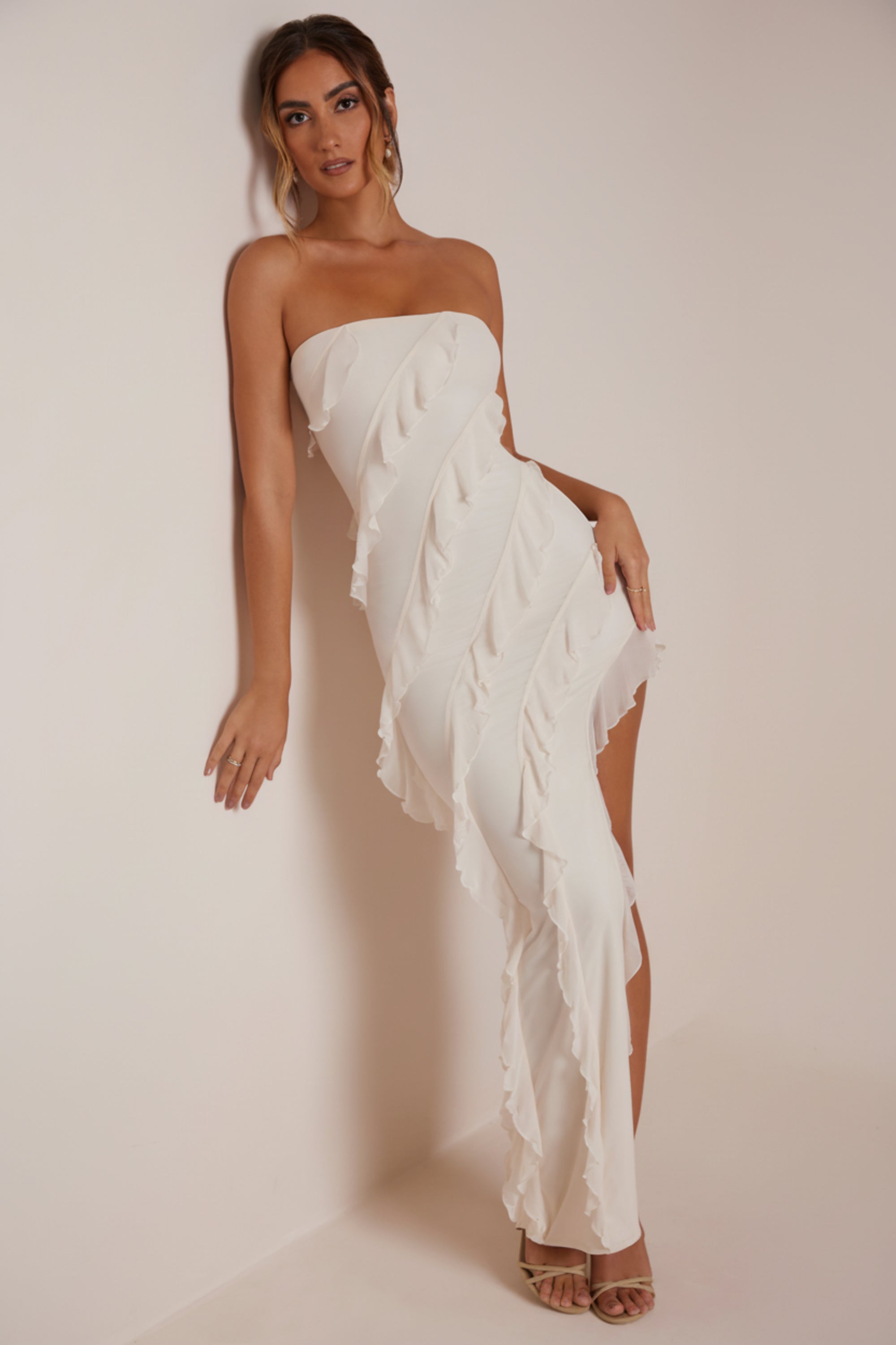 Nevali Bandeau Ruffle Detail Maxi Dress in Ivory