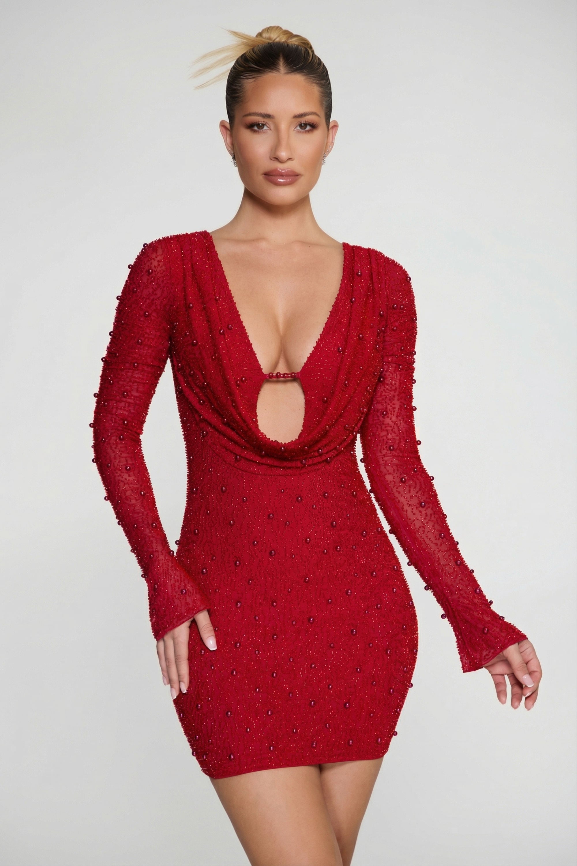Long Sleeve Deep Plunge Mini Dress in Red - 4