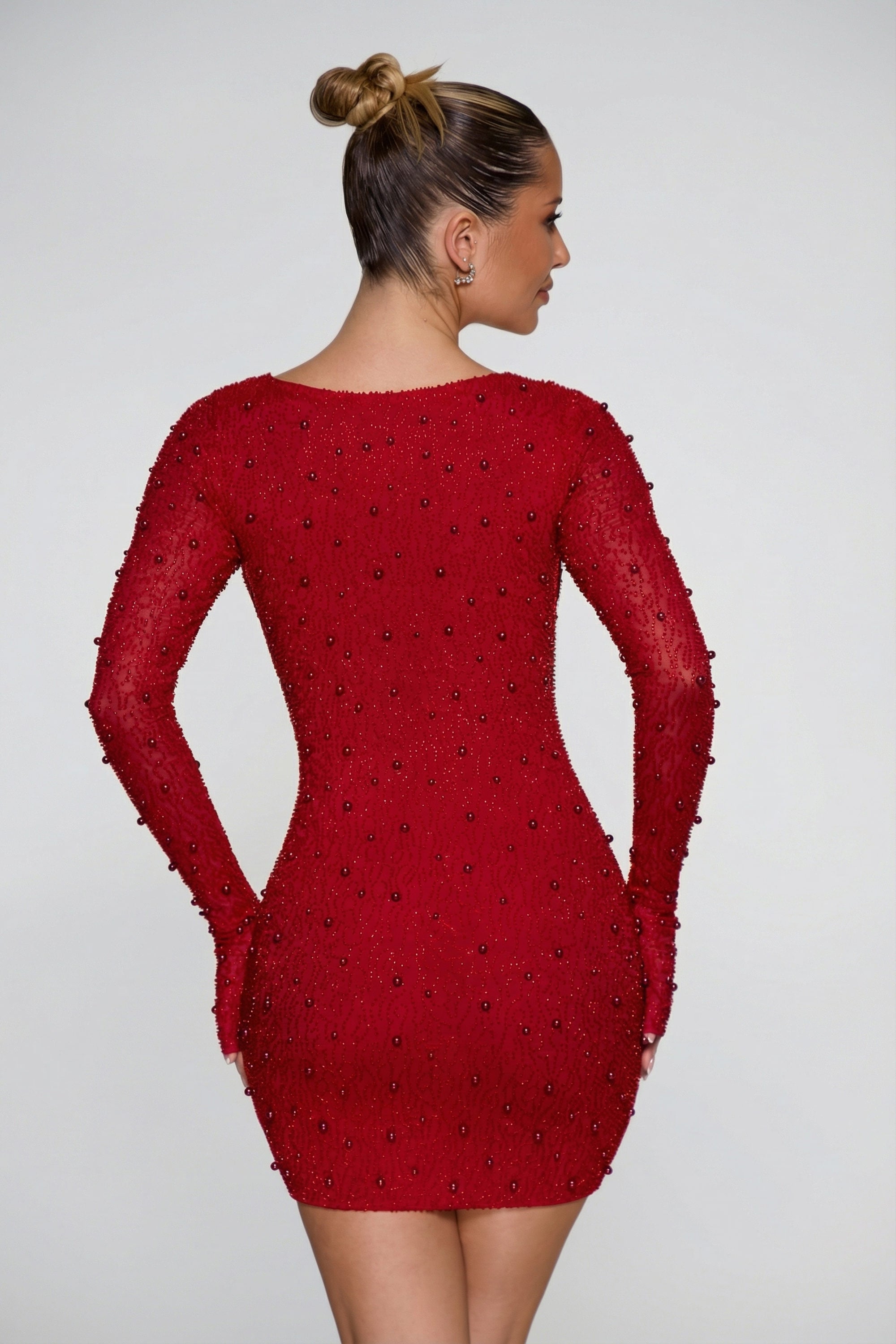 Long Sleeve Deep Plunge Mini Dress in Red - 4