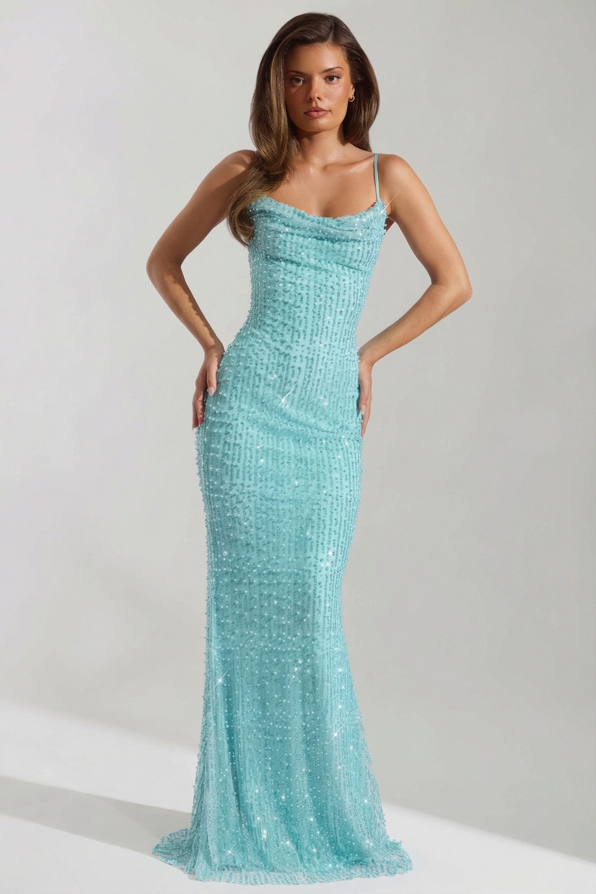 embellished cowl neck maxi dress in aqua Embellished Cowl-Neck Backless Maxi Dress in Aqua Blue