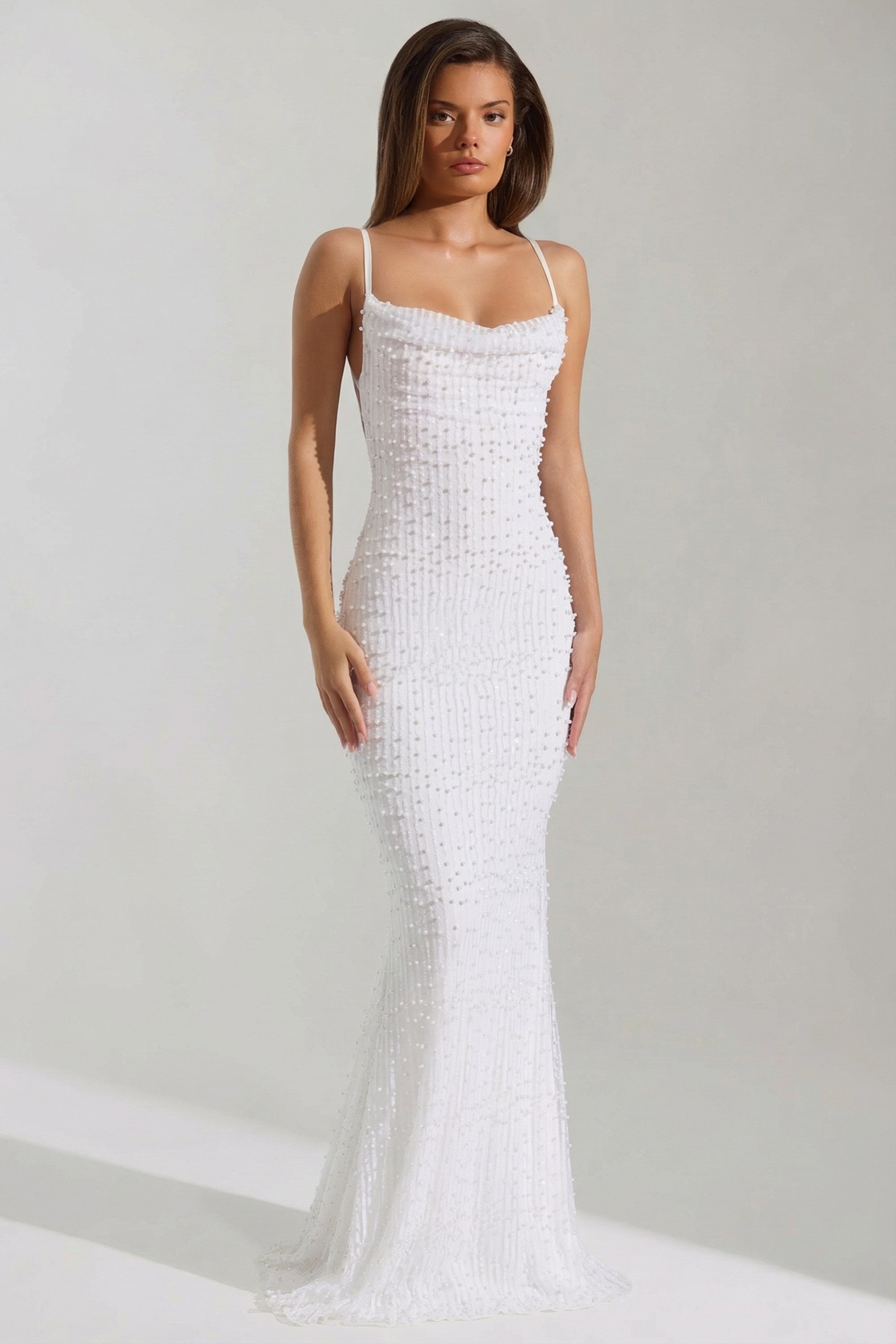 Nivalis Embellished Cowl-Neck Backless Maxi Dress in White