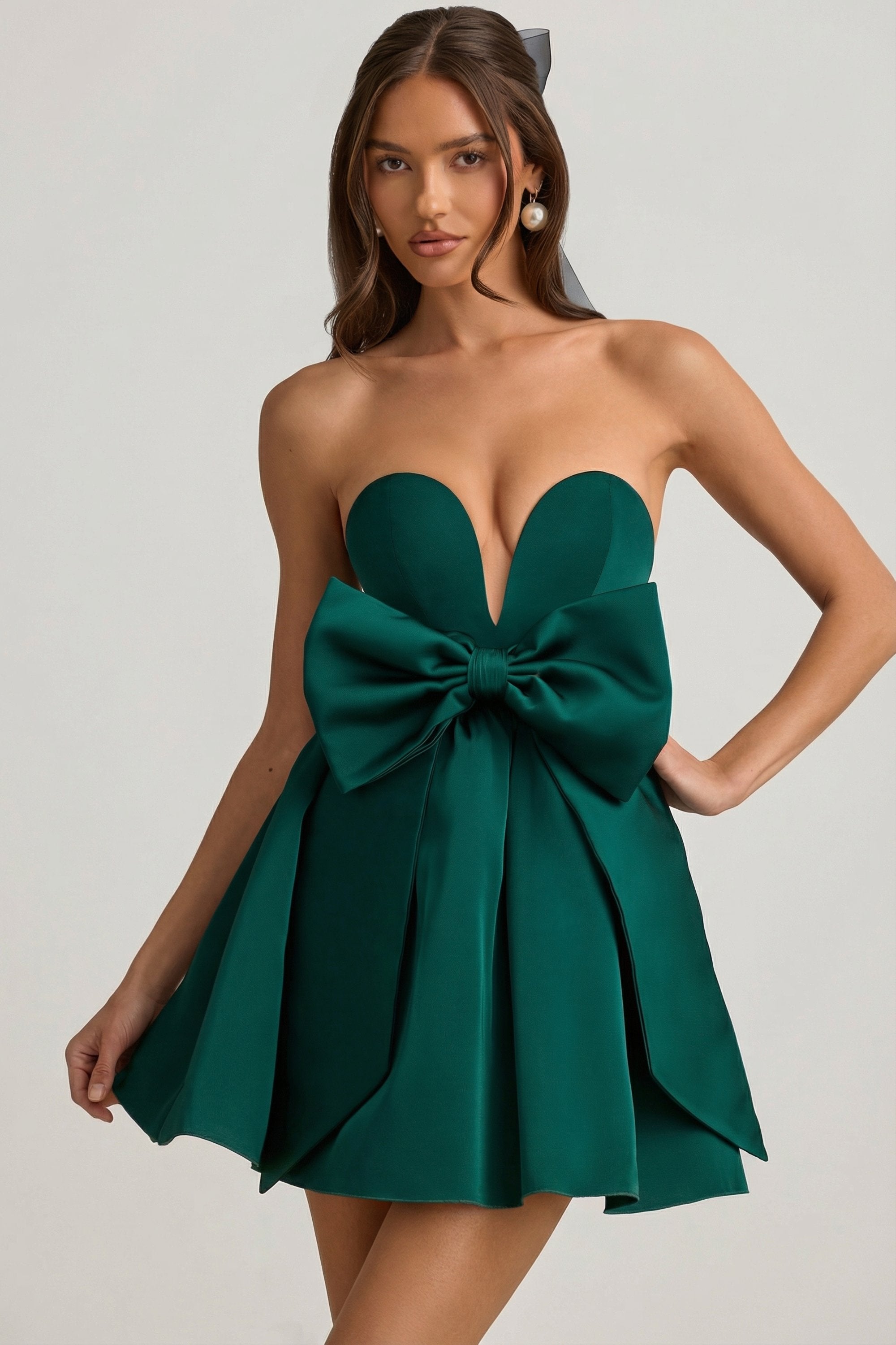 Norina Bow-Detail Corset Mini Dress in Emerald Green
