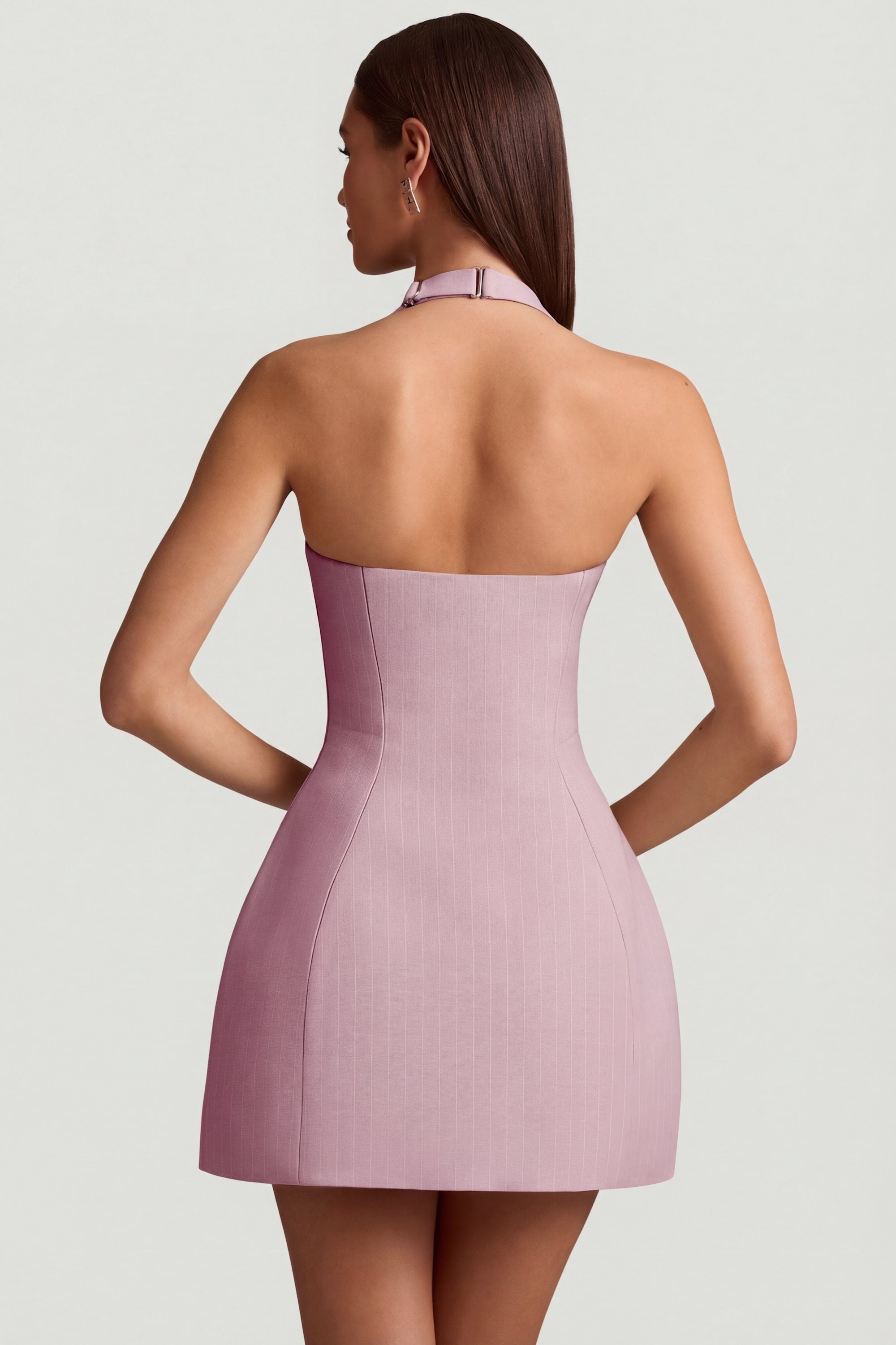 Pinstripe Halterneck Structured A-Line Mini Dress in Mauve - 2 | Oh Polly