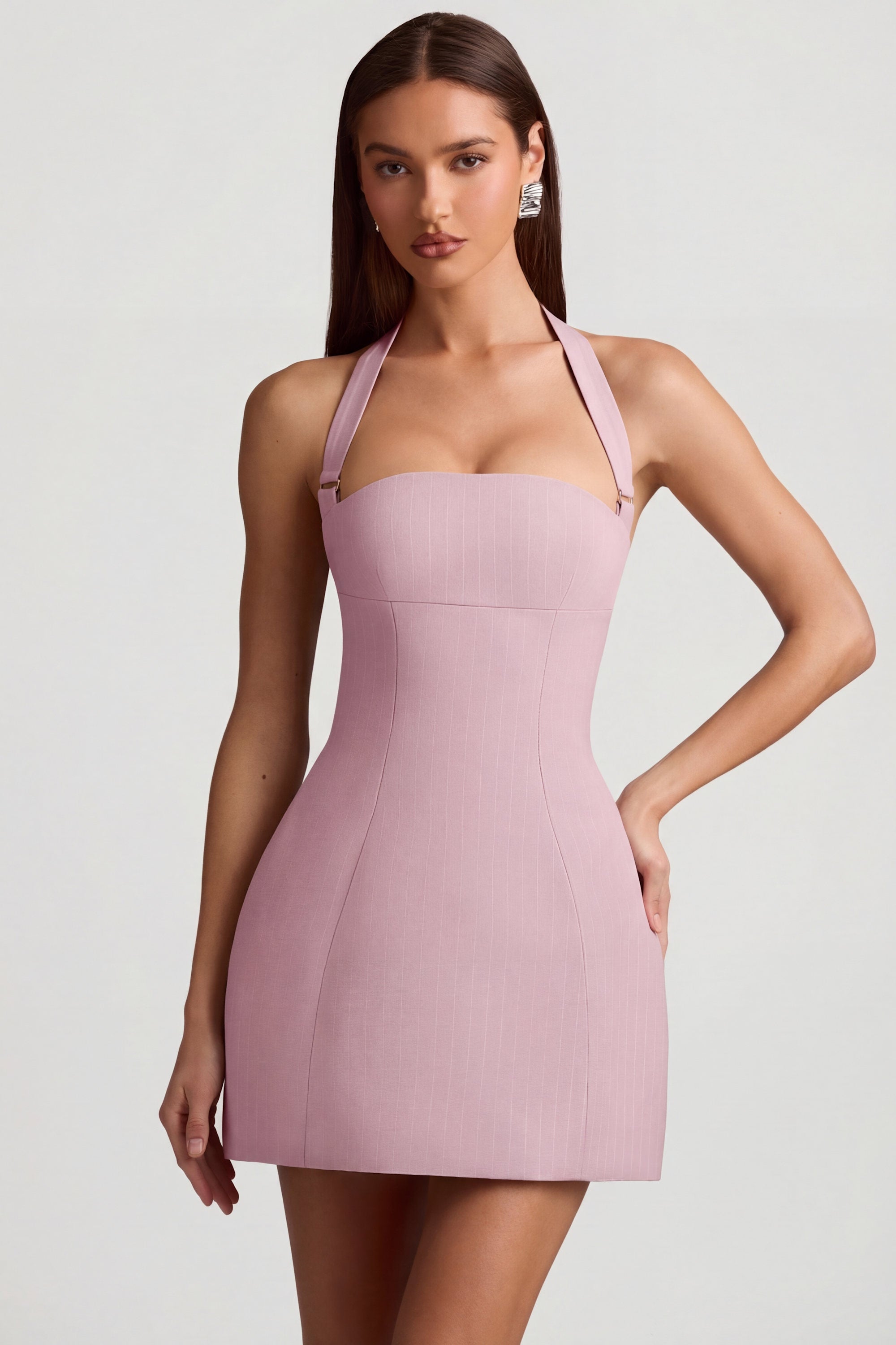 Odessa Pinstripe Halterneck Structured A-Line Mini Dress in Mauve
