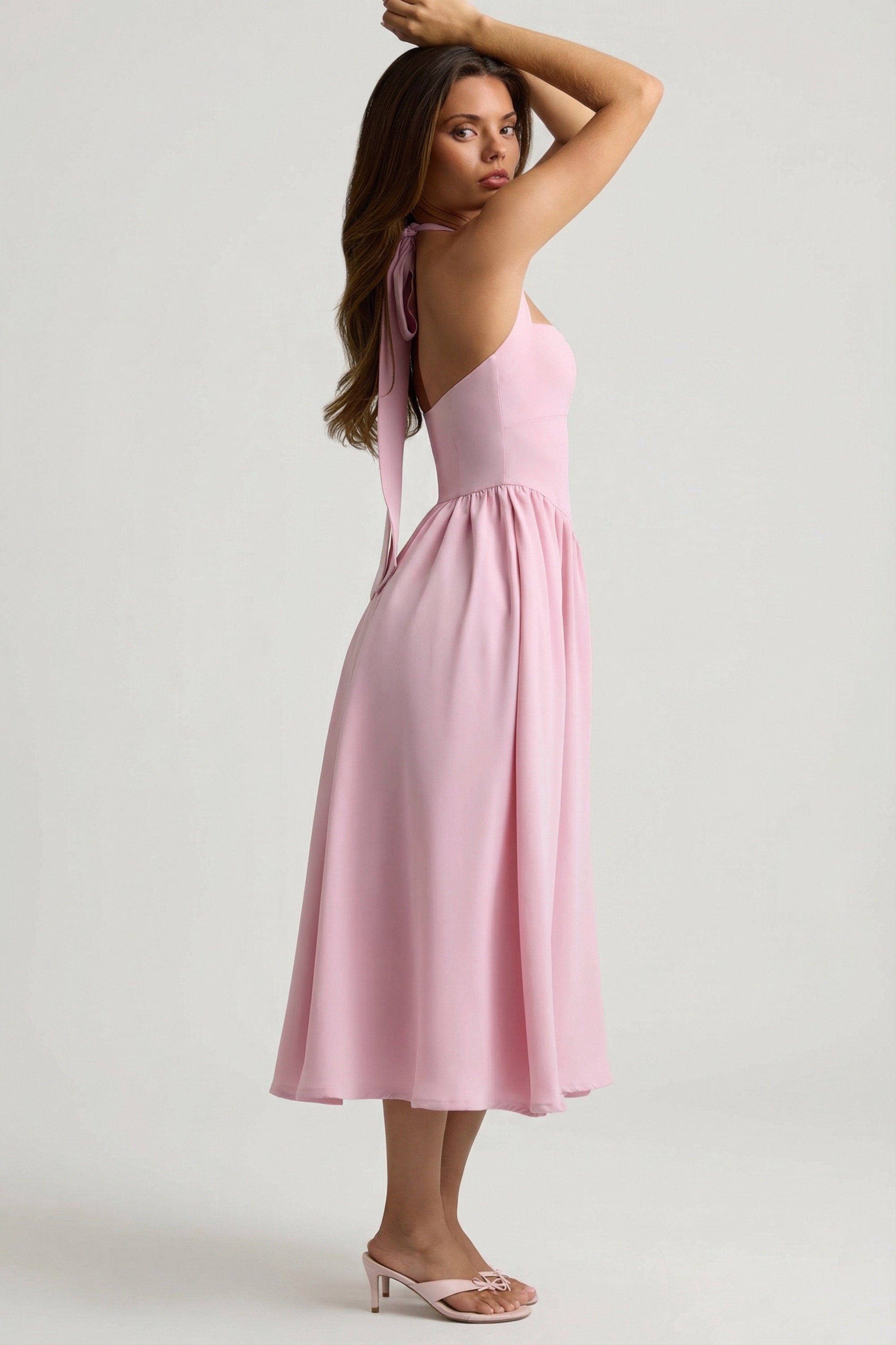 Orlena Button-Detail Halterneck Midaxi Dress in Soft Pink