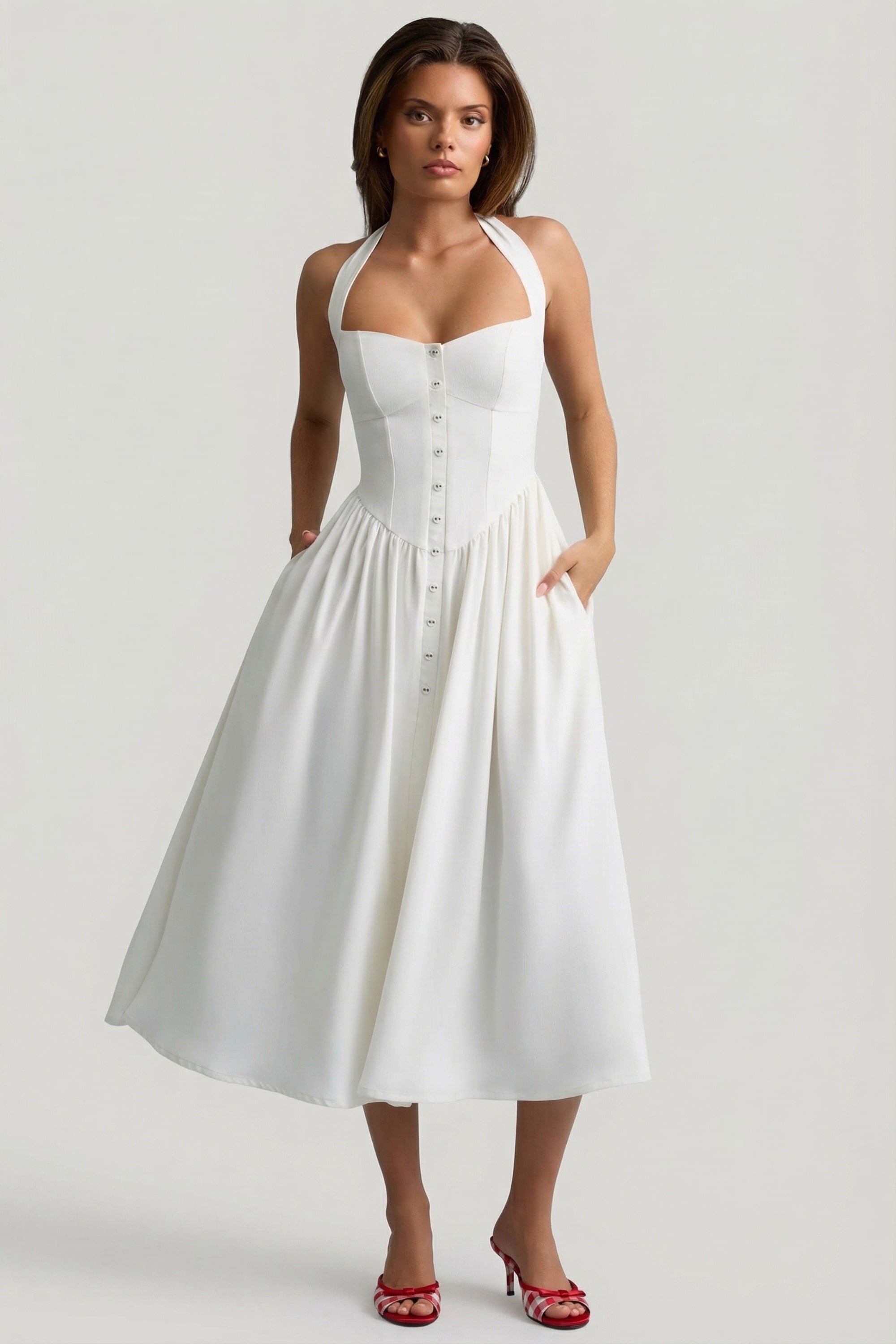 Button-Detail Halterneck Midaxi Dress in White - 4