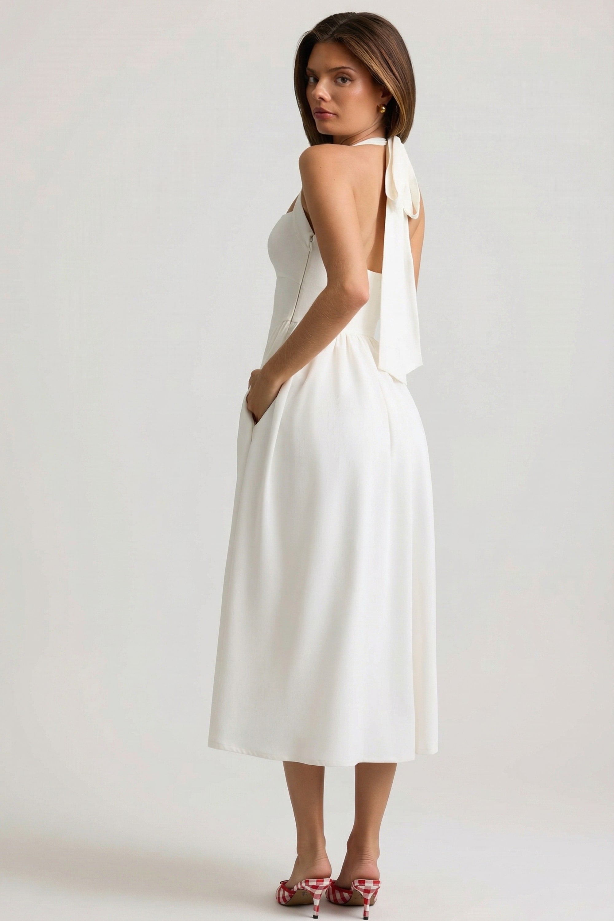 Button-Detail Halterneck Midaxi Dress in White - 10