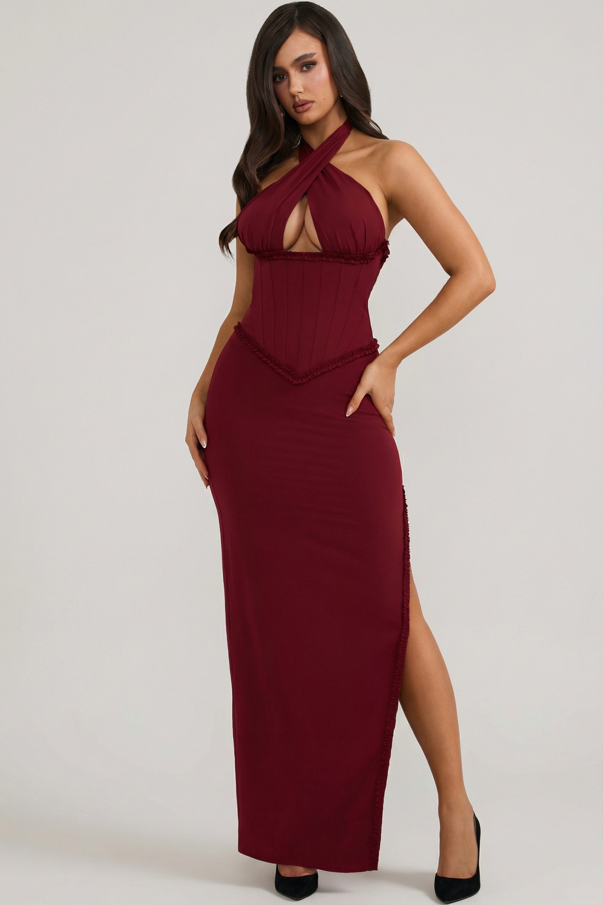 Penelope Halterneck Lace-Up Corset Maxi Dress in Berry Red