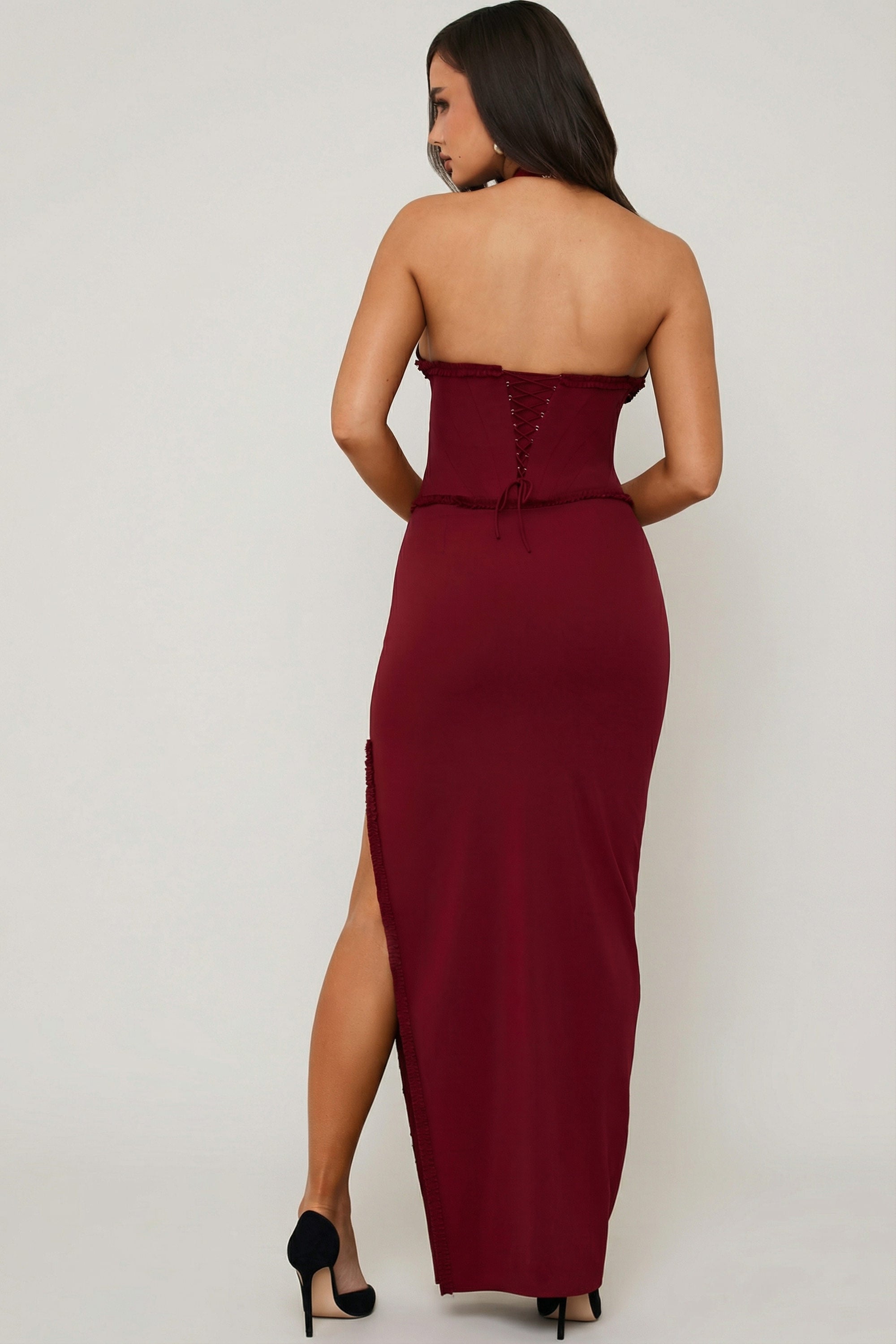 Halterneck Lace-Up Corset Maxi Dress in Berry Red - 4 | Oh Polly Halterneck Lace-Up Corset Maxi Dress in Berry Red - 4 | Oh Polly
