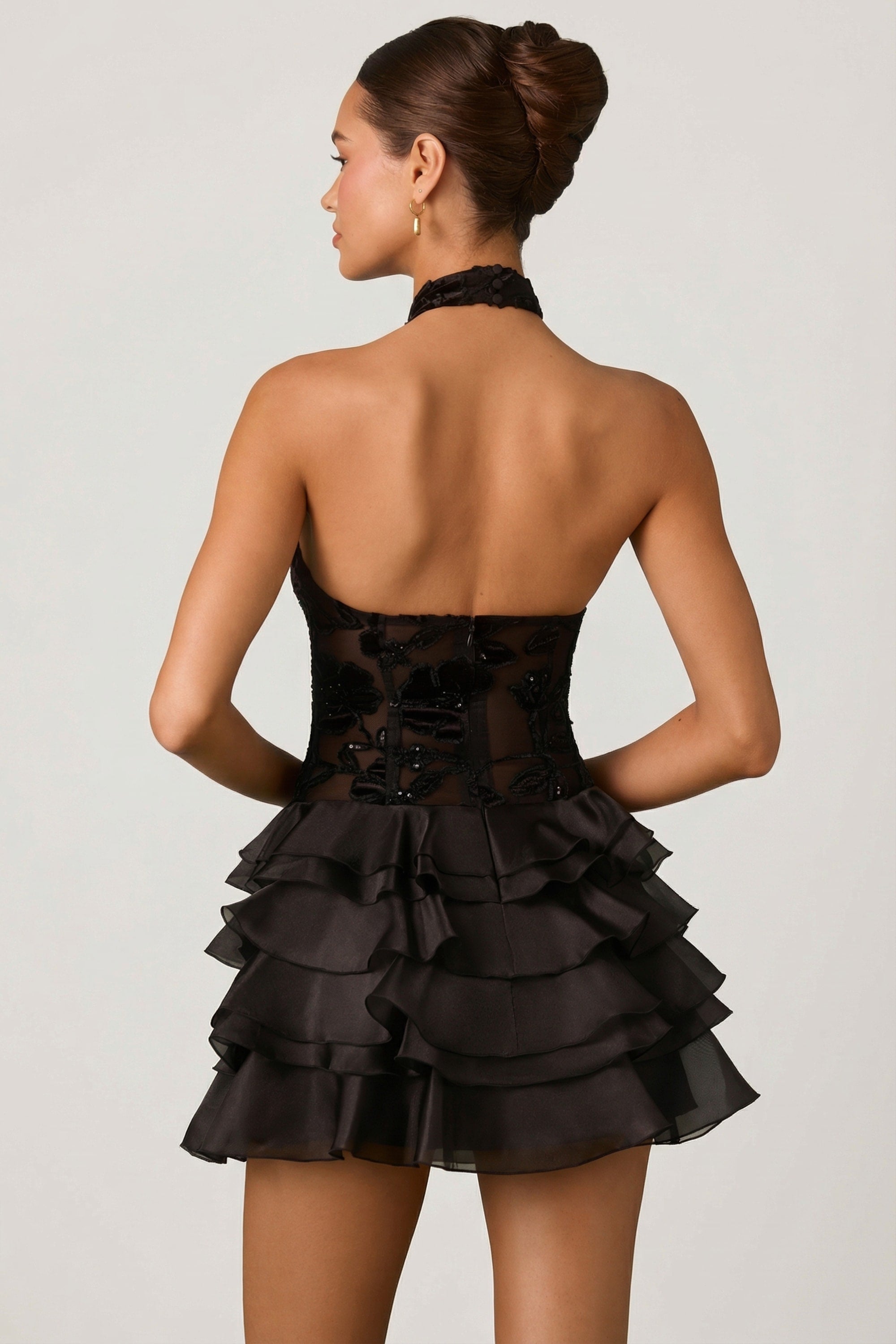 Petalia Embellished Ruffled Halterneck Mini Dress in Black