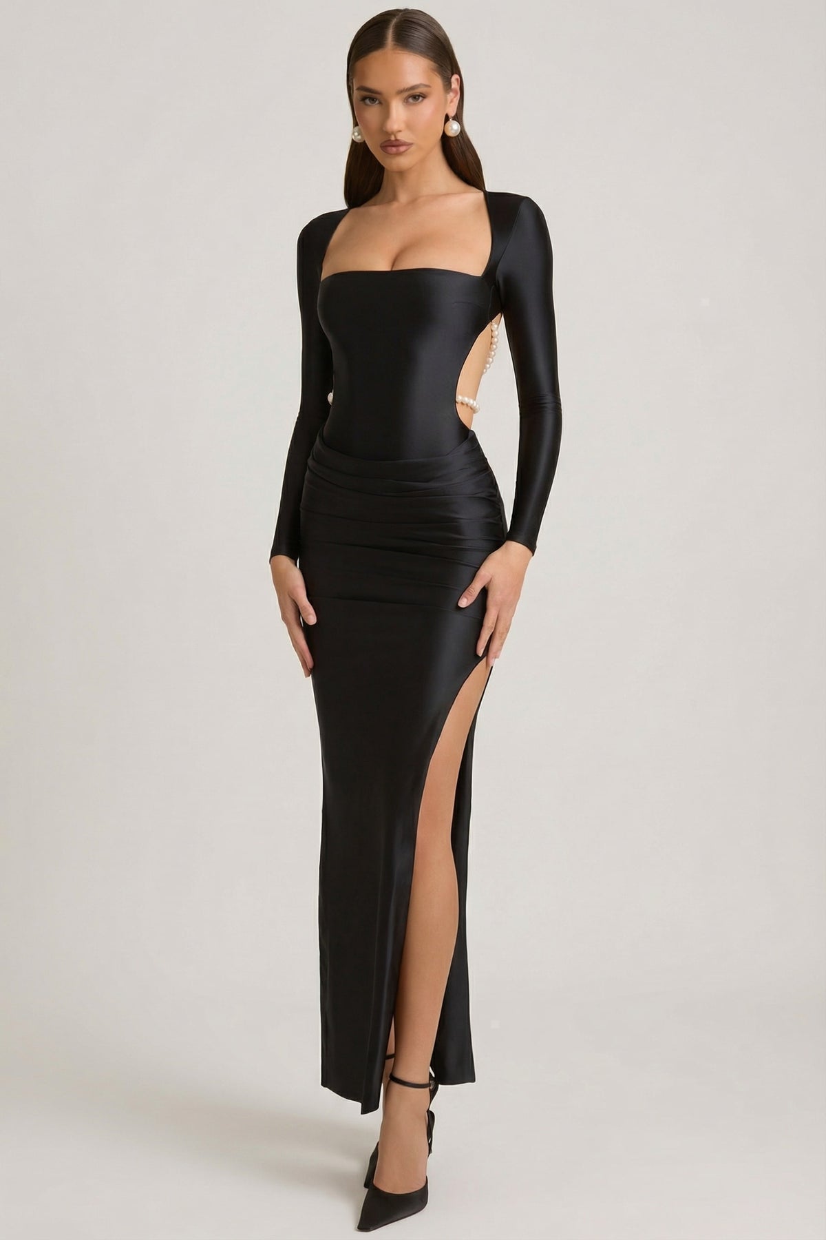black dress with pearl straps Pearl-Detail Cut-Out Maxi in - 14 Dress boohoo