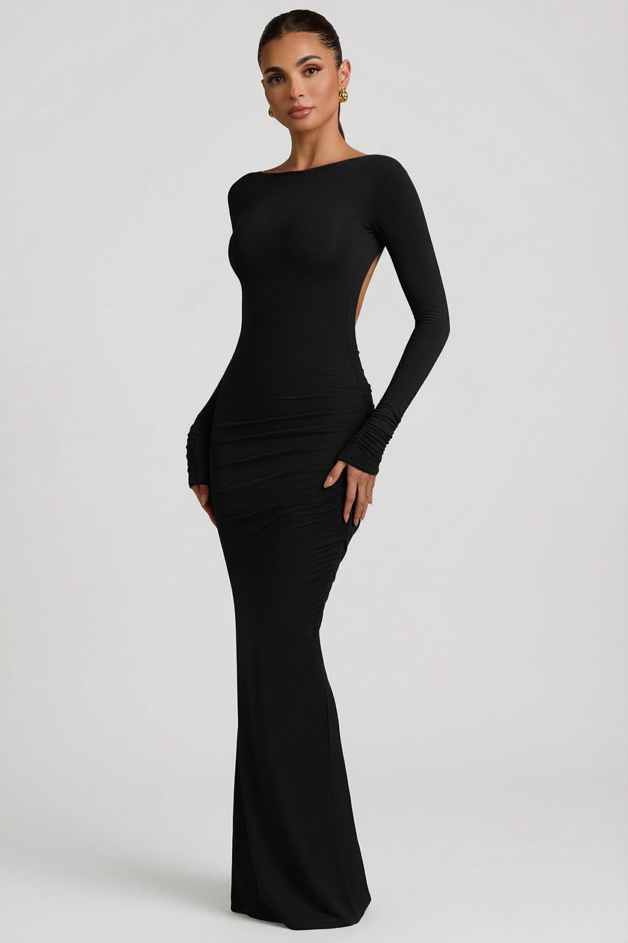 Regine Modal Ruched Backless Maxi Dress in Black | Oh Polly