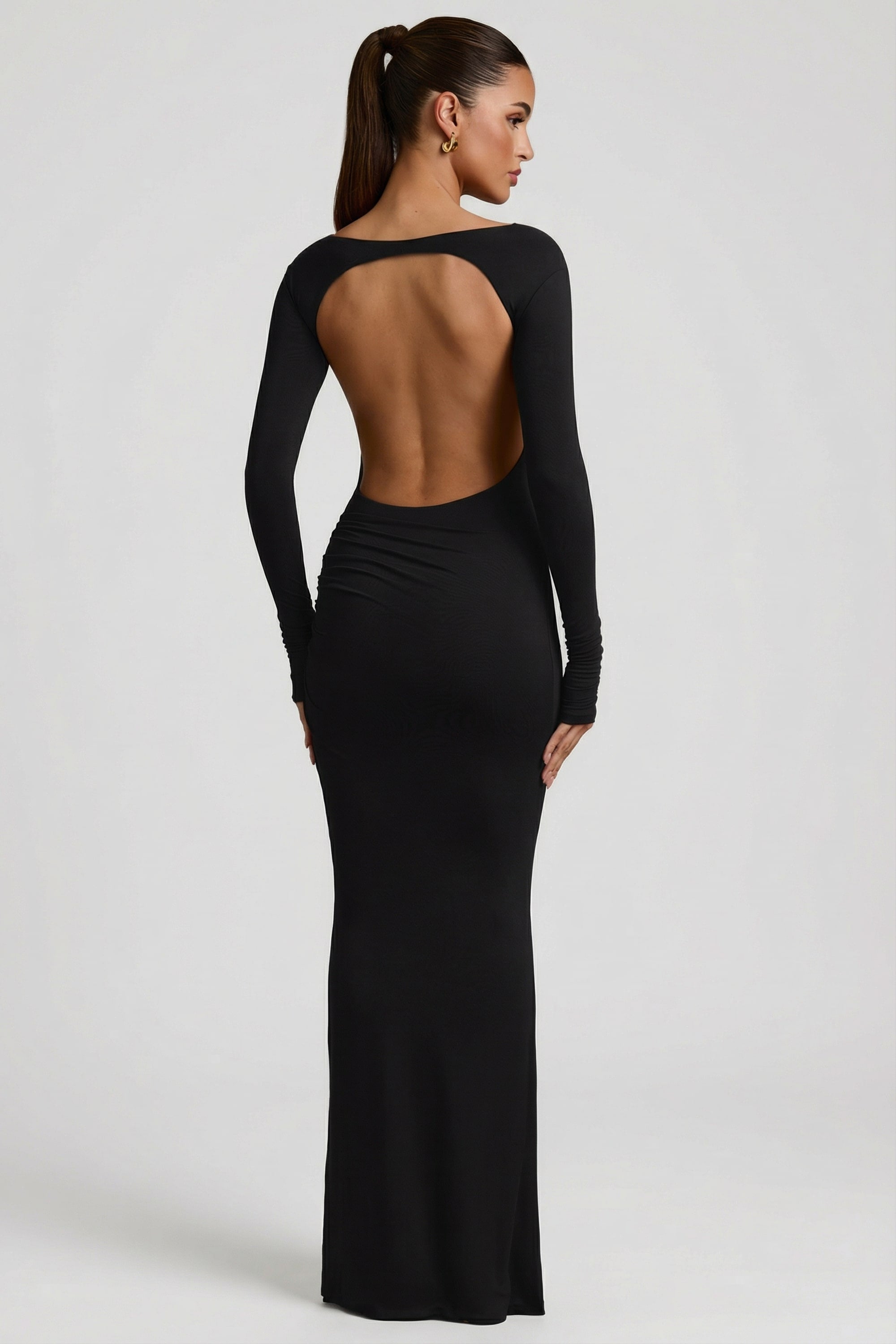 Regine Modal Ruched Backless Maxi Dress in Black | Oh Polly