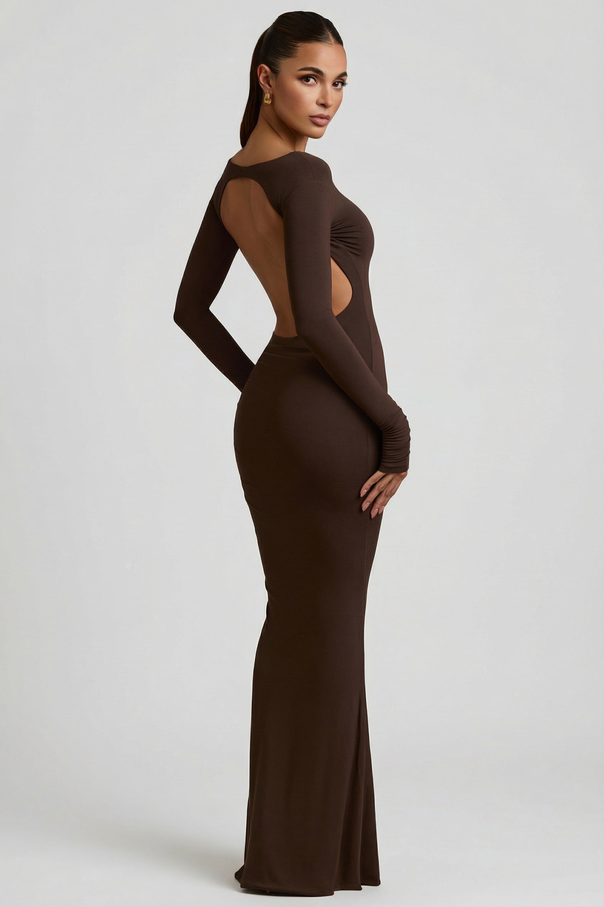 Regine Modal Ruched Backless Maxi Dress in Chocolate Brown | Oh Polly