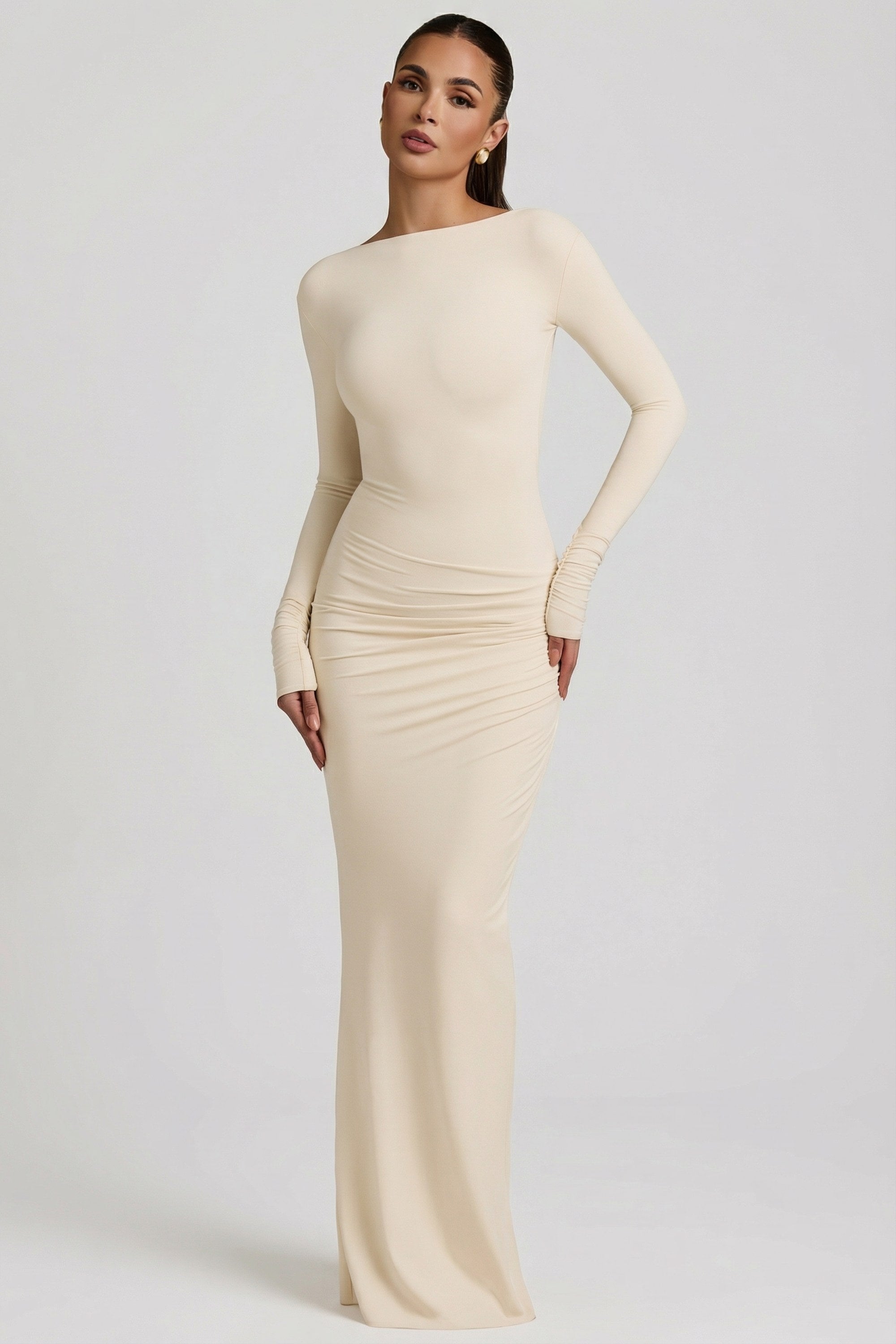 Regine Modal Ruched Backless Maxi Dress in Ivory | Oh Polly