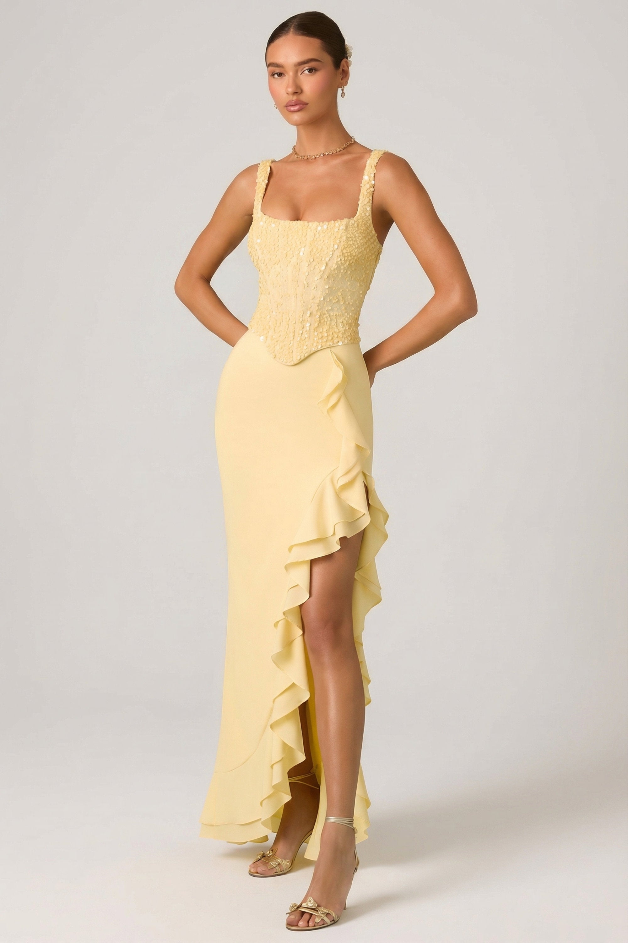 Embellished Ruffle-Trim Corset Gown in Yellow - 14