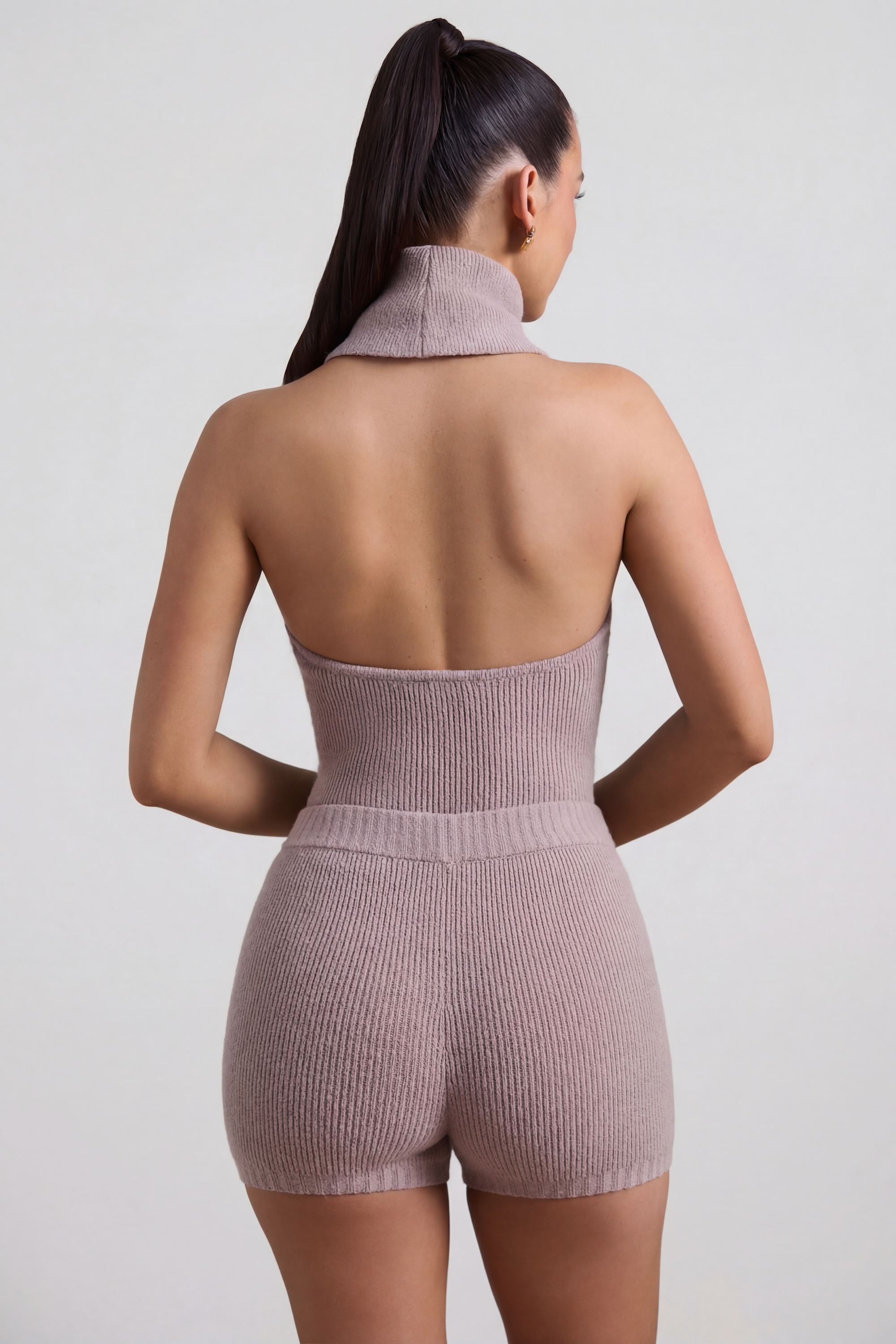 Sakari Ribbed-Knit Turtleneck Backless Top in Taupe | Oh Polly Sakari Ribbed-Knit Turtleneck Backless Top in Taupe | Oh Polly